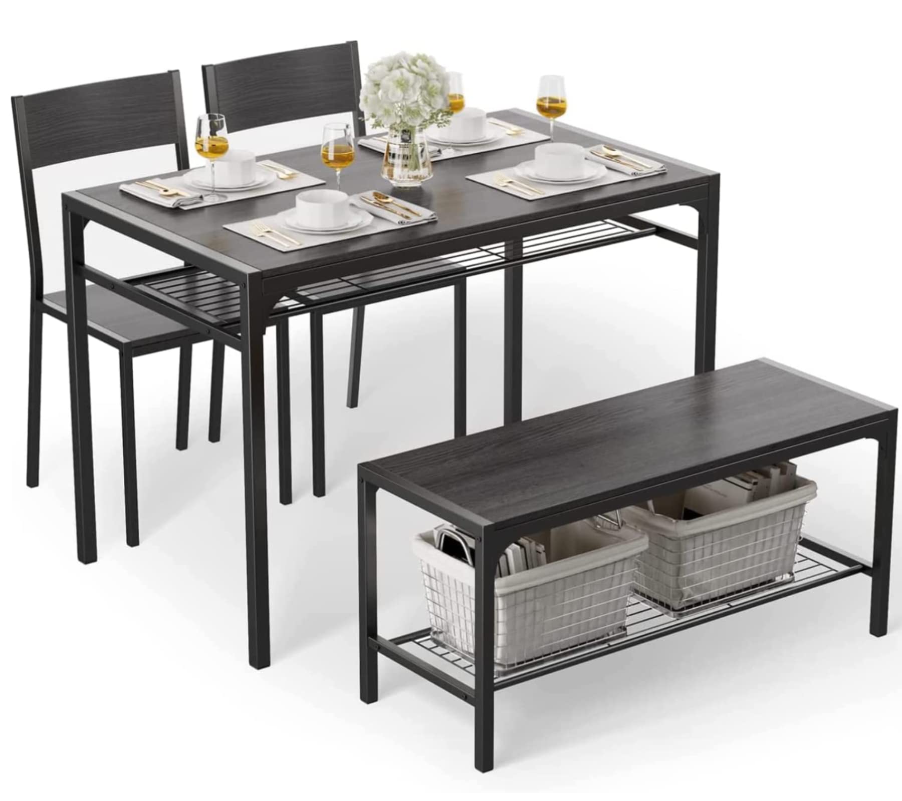 Gizoon 4-Piece Dining Table Set with Bench - Kitchen Table and 2 Chairs for 4 - Space Saving Small Apartment Furniture for Breakfast Nook, Tiny Homes & Compact Living Spaces