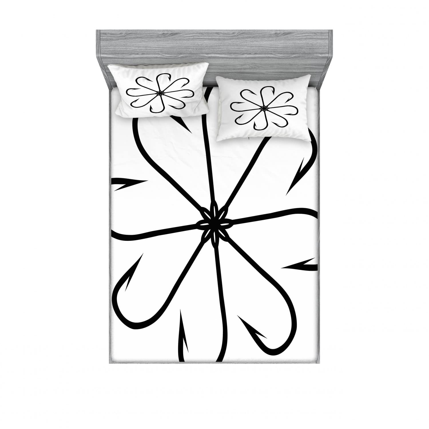 Ambesonne 2-Piece King Size Fitted Sheet Set with 4 Pillow Shams - Fishing Hook Pattern in Black & White - Soft Bedding Collection for Master Bedroom & Guest Room Decor