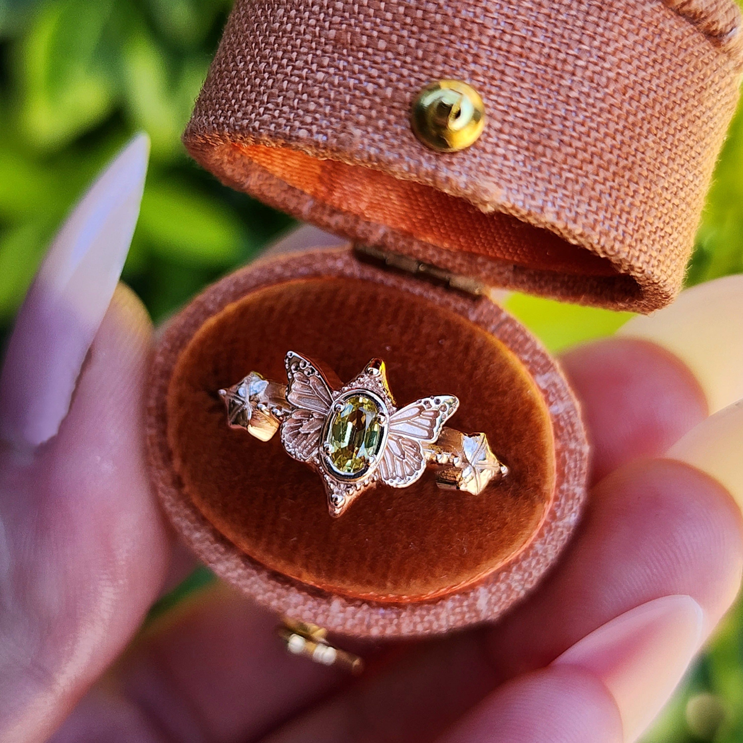 14K Gold Butterfly Fairy Ring with Oval Sapphire & Ivy Leaf - Fantasy Engagement Ring, Custom Gemstone Option - Perfect for Fairy Tale Weddings & Fantasy Themed Events