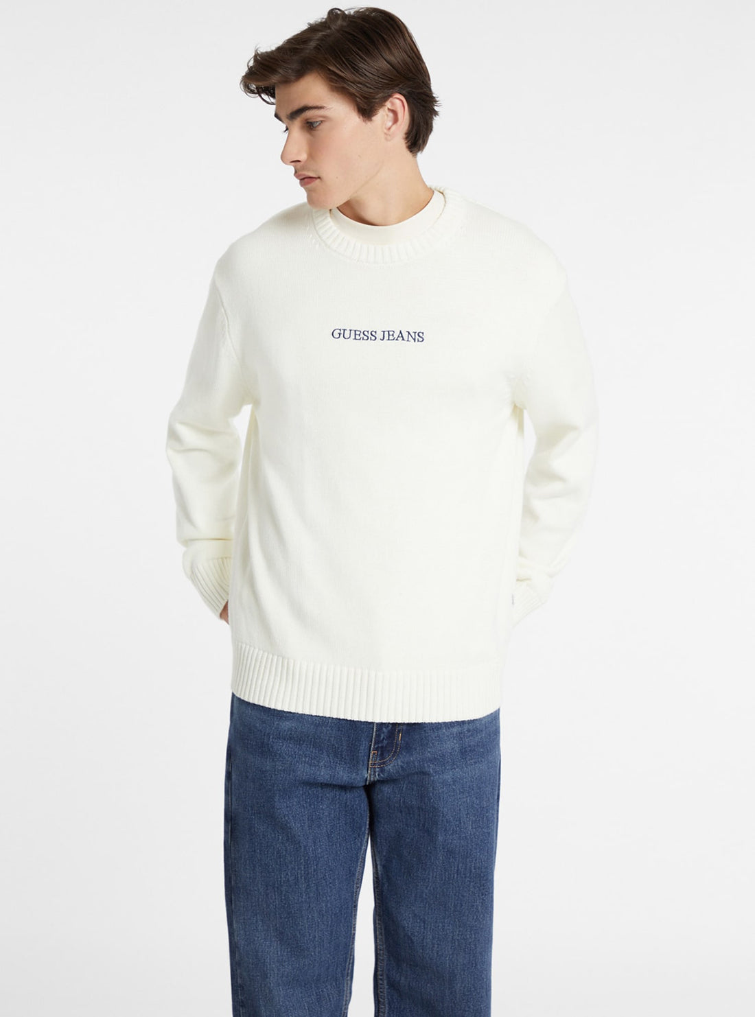 Guess Women's White Embroidered Knit Sweater - Casual Pullover for Spring & Fall Outfits | Perfect for Date Nights and Weekend Brunch