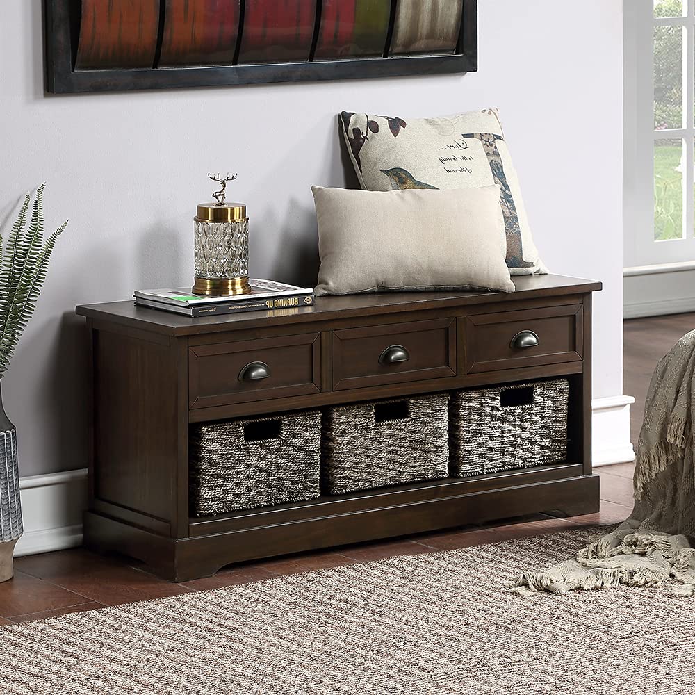 Wicker Storage Bench with 3 Drawers & 3 Woven Baskets - Wooden Entryway Shoe Bench for Hallway, Mudroom & Living Room | Space-Saving Home Organization Solution for Shoes, Blankets & Entryway Essentials