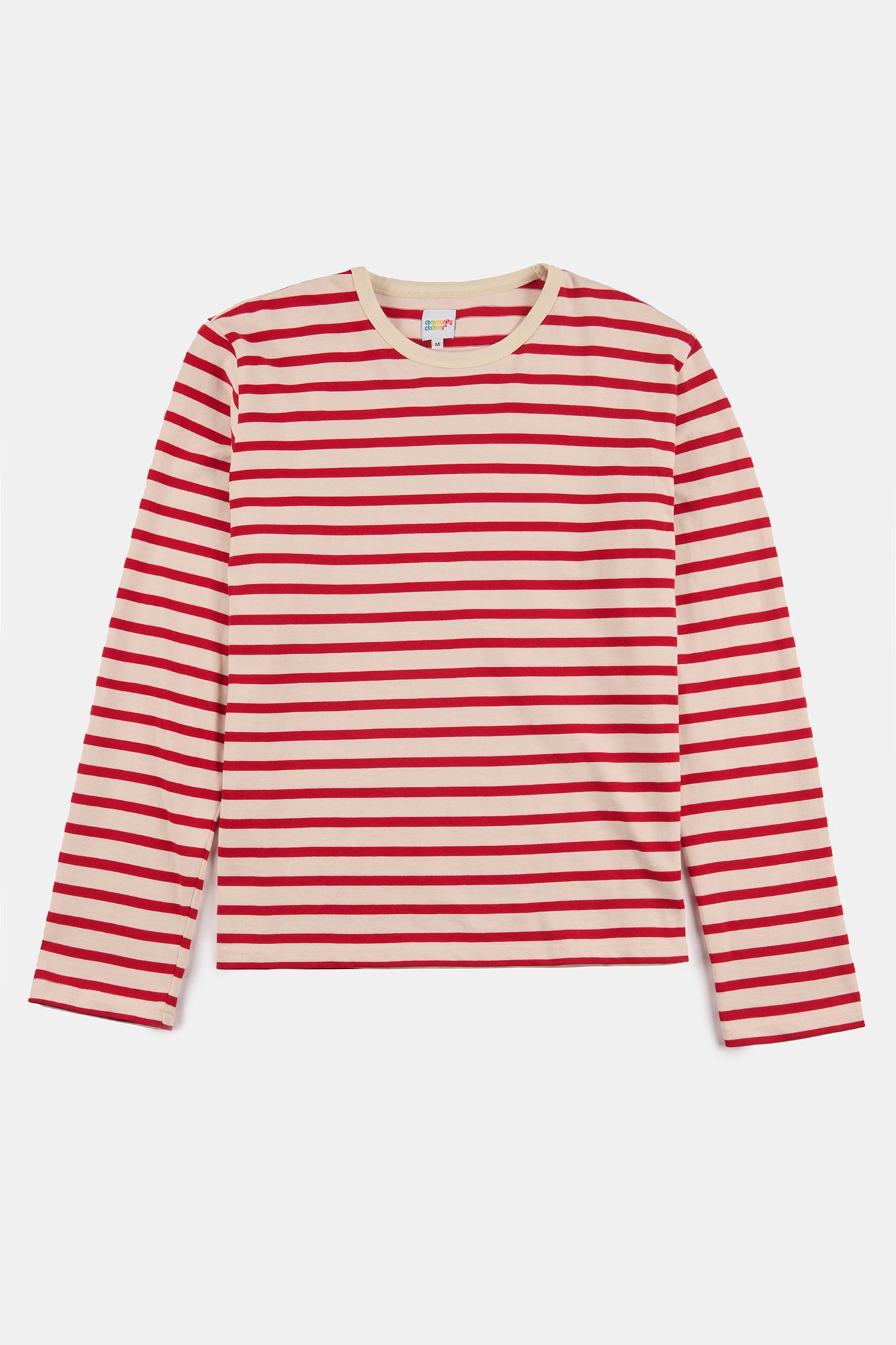 Men's Breton Striped Long Sleeve Shirt - Ecru & Flame Red Cotton Crewneck Top for Casual Wear & Office Outfits