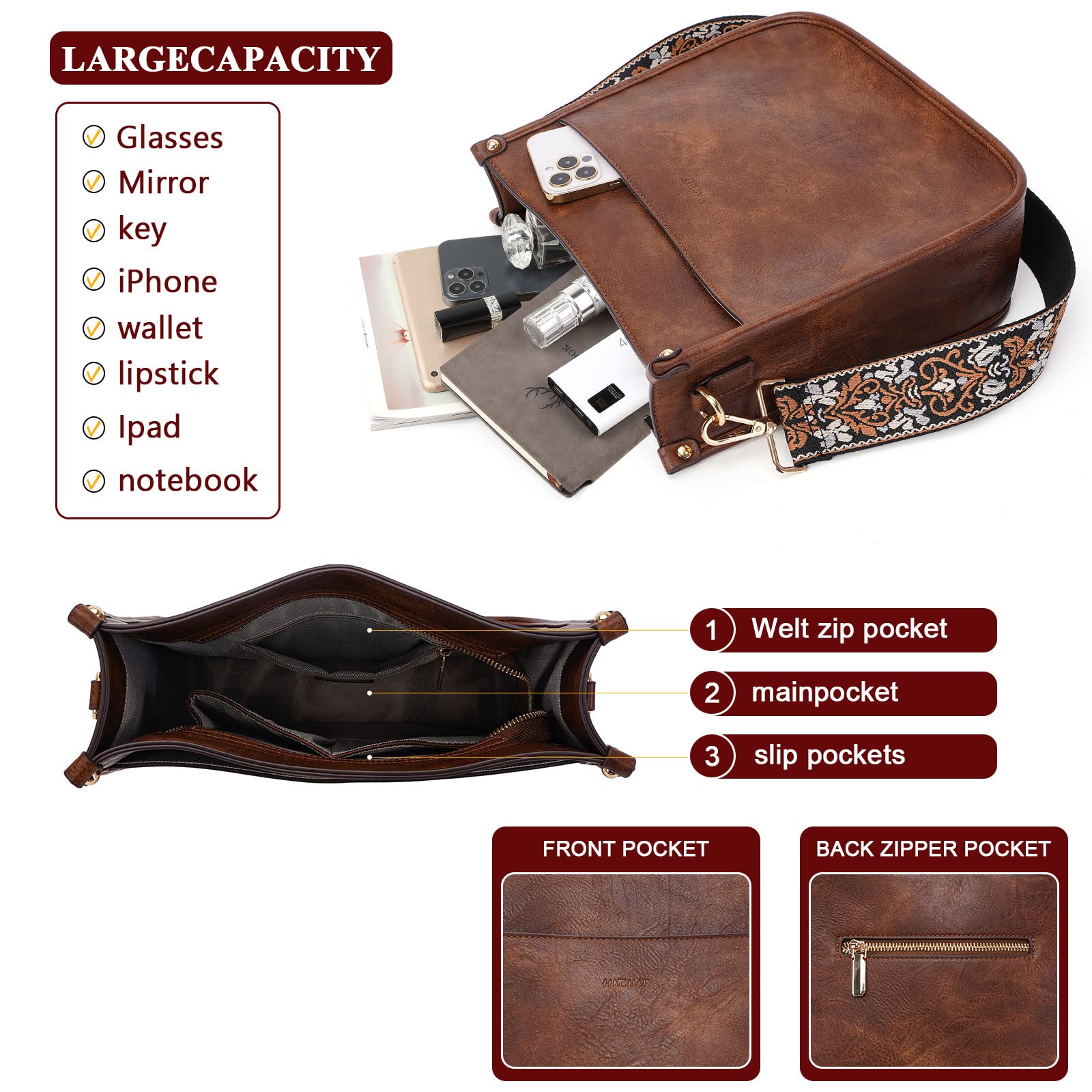 HKCLUF Women's Leather Crossbody Bag & Wallet Set - 2PCS Adjustable Shoulder Purse with Guitar Strap | Perfect for Travel, Shopping & Everyday Use