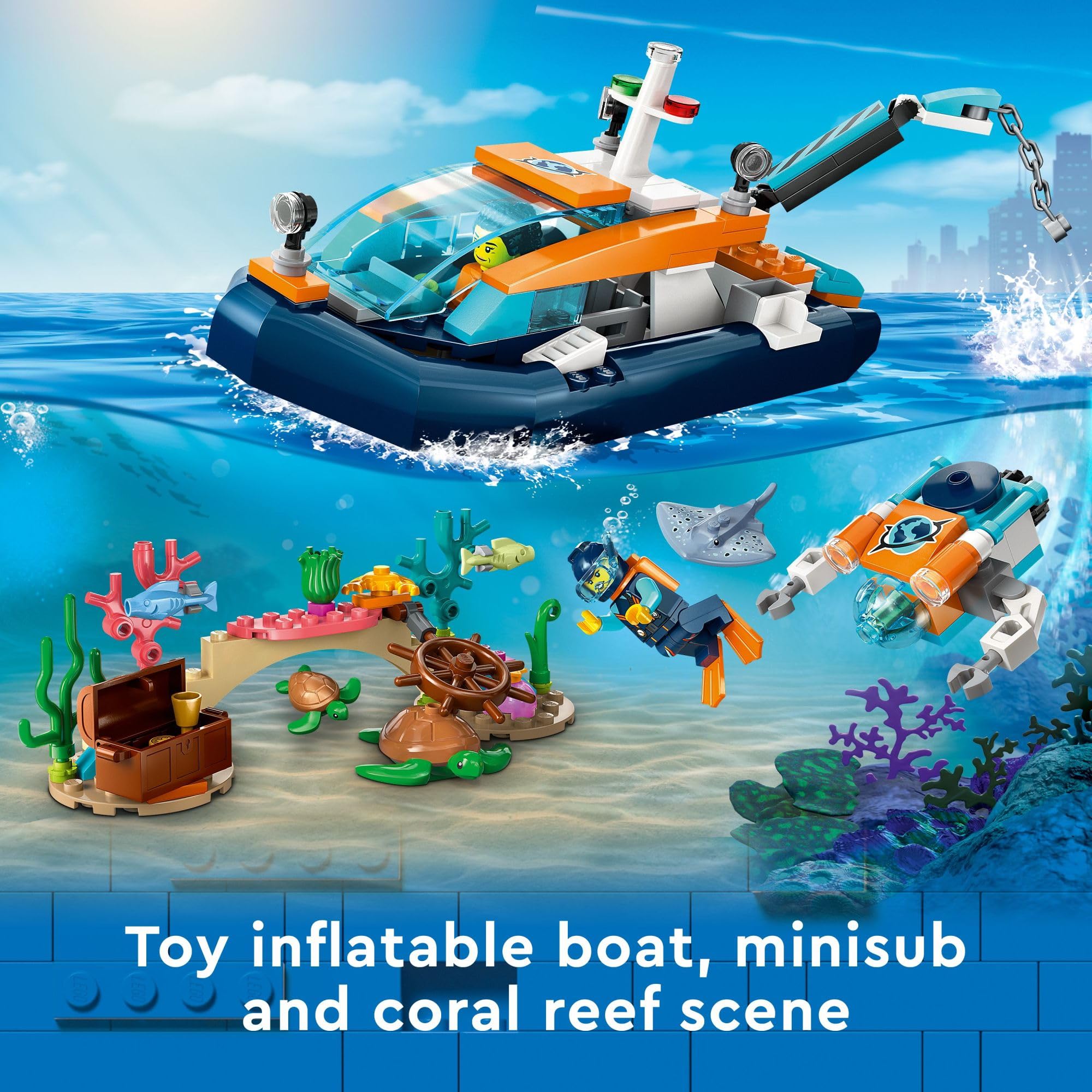 LEGO City Explorer Diving Boat 60377 - Ocean Adventure Building Toy Set with Mini-Submarine, 3 Minifigures & Sea Creatures (Shark, Manta Ray, Crab, Turtles, Fish) | Perfect for Underwater Exploration Play & STEM Learning