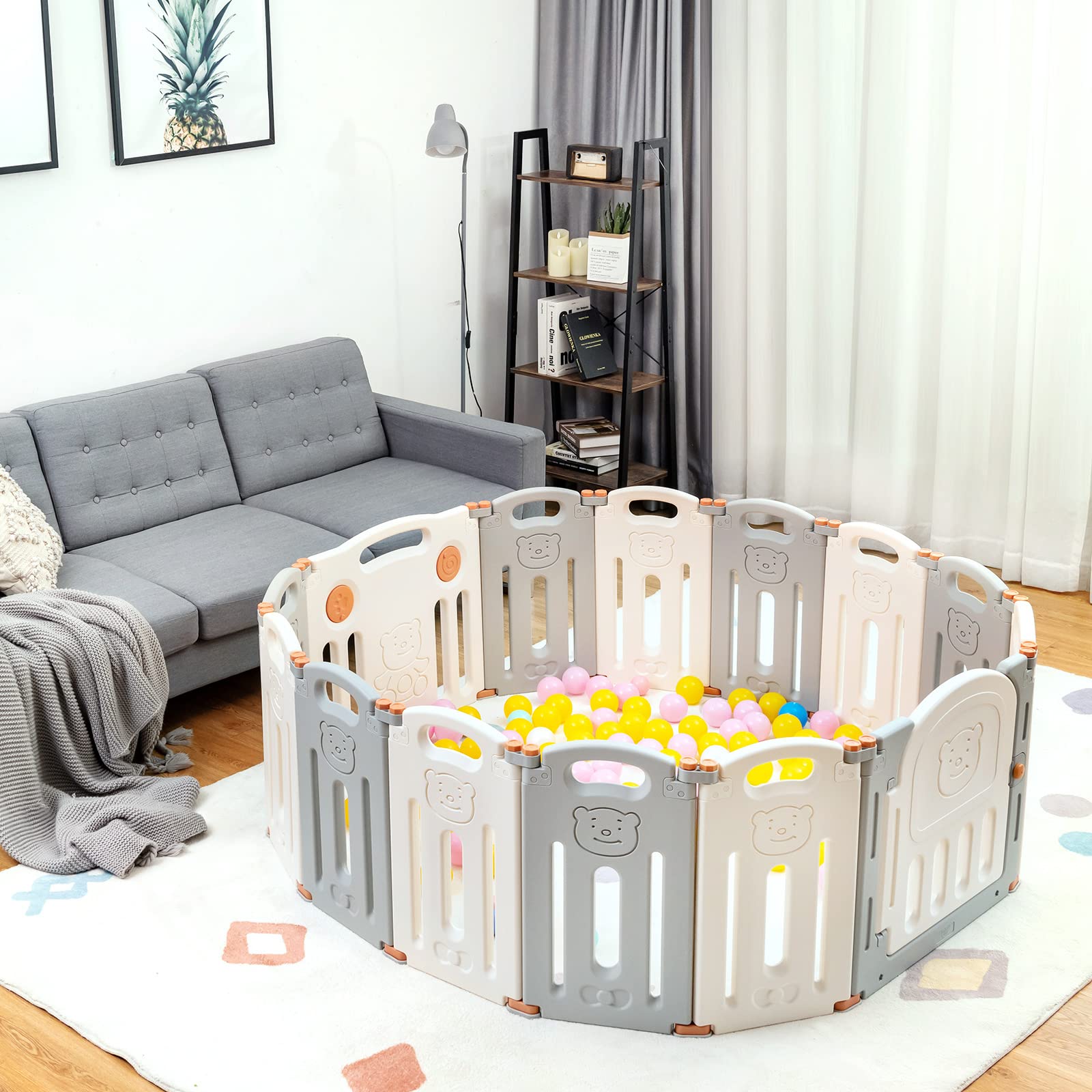 Costzon 14-Panel Foldable Baby Playpen with Locking Gate - Non-Slip Rubber Bases, Adjustable Shape Playard for Toddlers - Portable Baby Fence for Indoor & Outdoor Use (Beige & Gray) | Safe Play Area for Home, Backyard, Daycare & Travel