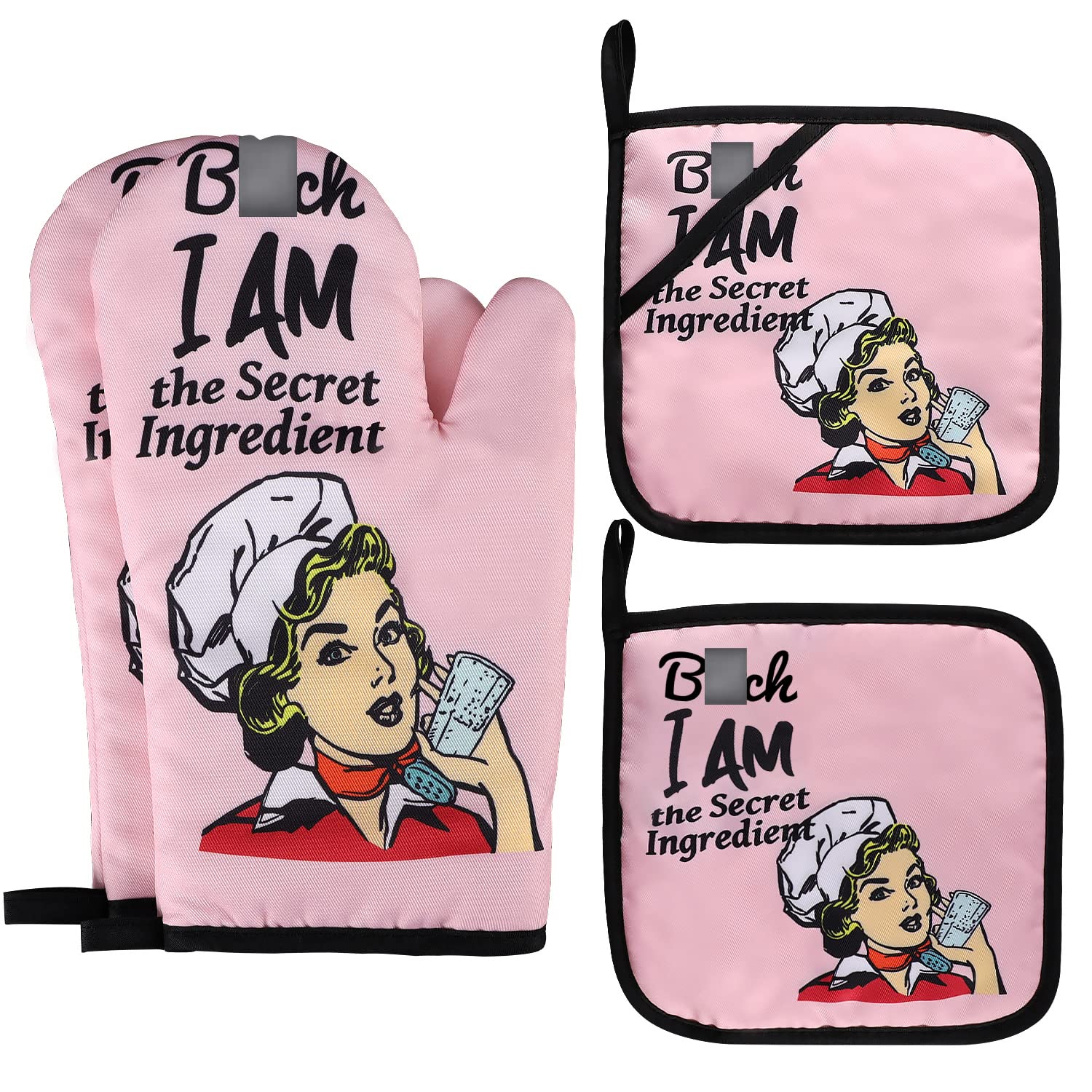Funny Oven Mitt Set - Non-Slip Quilted BBQ & Grill Mitts with Pot Holders - Heat Resistant Kitchen Accessories - Perfect Housewarming Gift ('I Am The Secret Ingredient' Design) - Ideal for Cooking, Baking, Grilling & Kitchen Safety