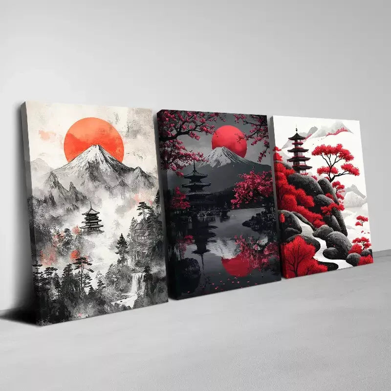 3pcs Japanese Scenery Art Prints with Mount Fuji - Framed Canvas Wall Decor 50x70cm - High Quality Australian Made Ready to Hang - Perfect for Living Room, Bedroom & Office Decor