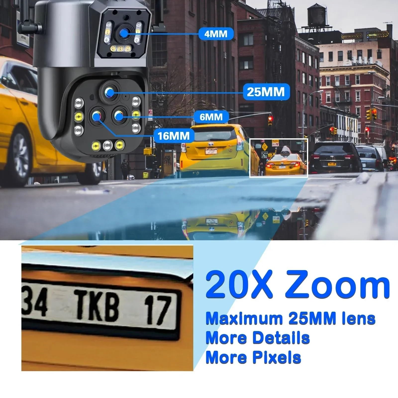 8K 16MP PTZ IP Security Camera with 20X Zoom, AI Auto Tracking, 4 Lens System - Ideal for Home Surveillance & CCTV Monitoring (Includes 128GB Card) - Perfect for Indoor/Outdoor Security, Baby Monitoring & Business Protection