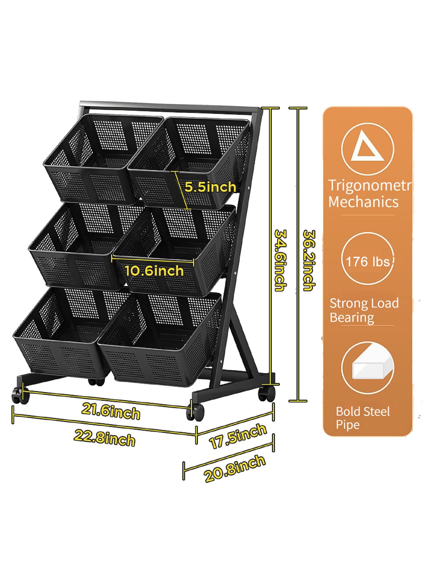 3-Tier Metal Kitchen Storage Basket with Wheels & Push Handle - Black | Multi-Purpose Organizer for Fruits, Vegetables, Pantry & Bathroom | Space-Saving Floor Stand Cart for Home & Office