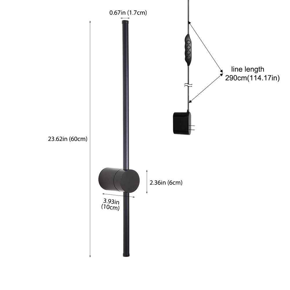 Dimmable LED Wall Sconce Set of 2 - Modern Plug-in Wall Lights with Memory Function, 23.6 Inch Black Wall Lamp with Plug Dimmer | Perfect for Bedroom, Living Room & Hallway Lighting