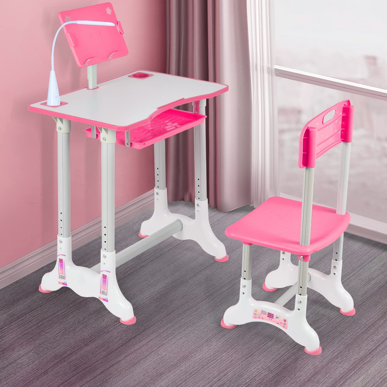Adjustable Kids Desk and Chair Set with LED Lamp - Ergonomic Study Desk for Children, School Homework & Reading Station - Perfect for Home Classroom, Dorm Room, or Playroom Study Area
