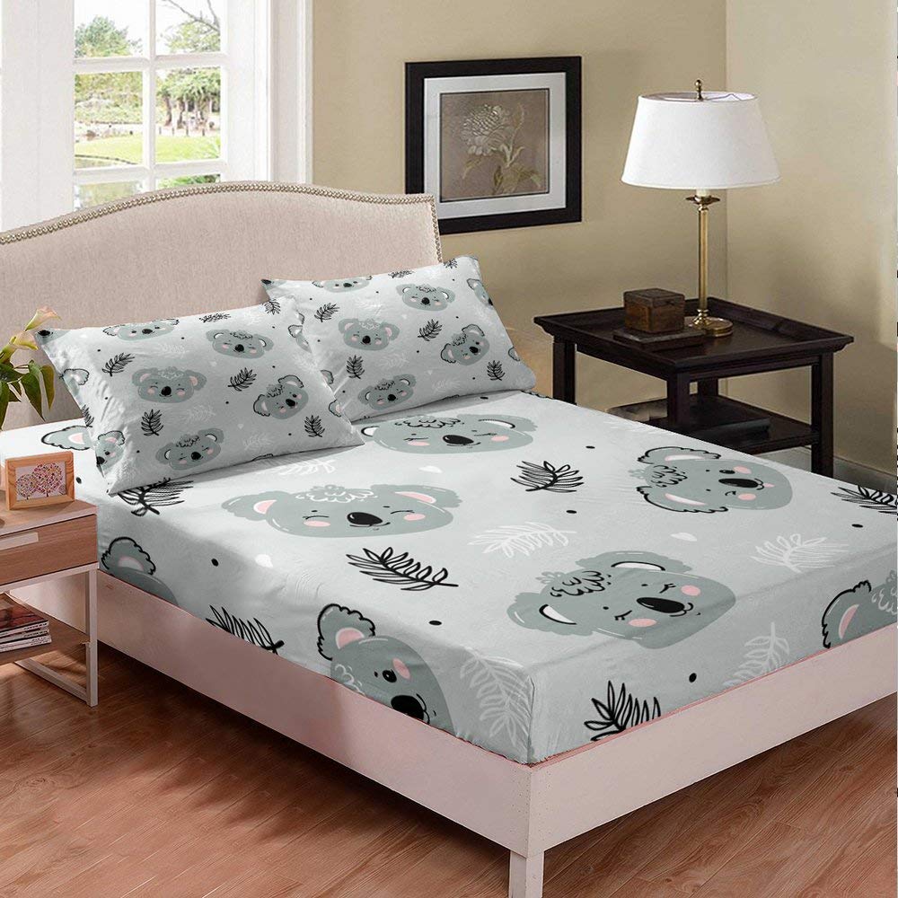 Koala Grey Animal Print Kids Bedding Set - 3 Piece Cartoon Bed Sheet, Pillowcase & Fitted Sheet for Girls - Soft & Stylish Deep Pocket Bed Cover for Toddler & Children's Room Decor