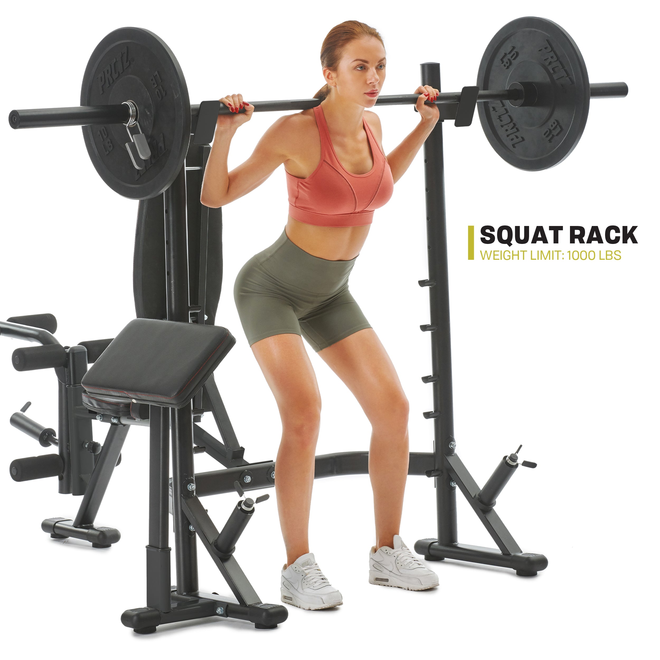 PRCTZ Adjustable Weight Bench with Olympic Squat Rack - Multi-Functional Home Gym Equipment for Strength Training, Arm & Leg Developer with Preacher Pad - Perfect for Home Workouts, Bodybuilding & Fitness Training