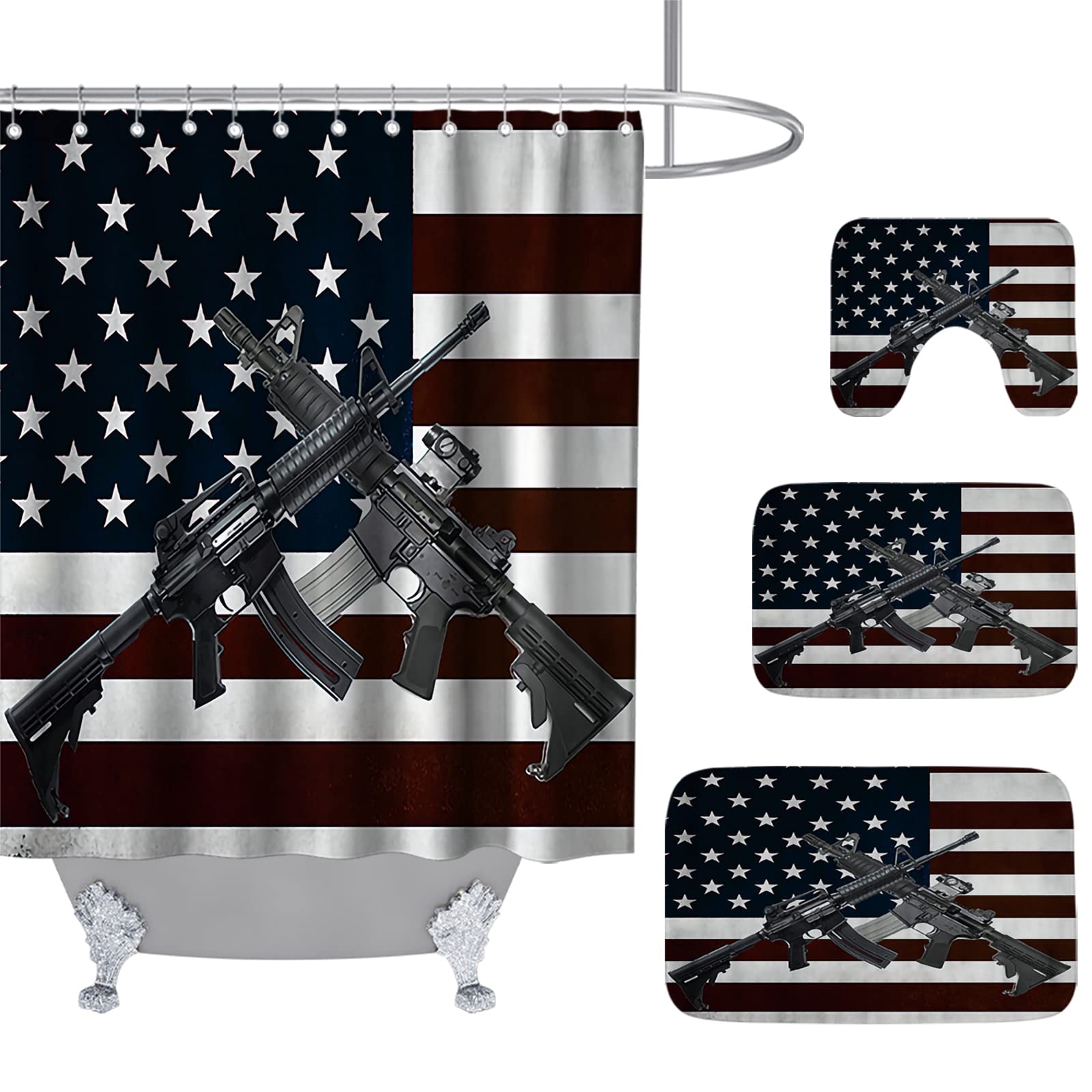 USA Patriotic Shower Curtain & Bathroom Rug Set - 4 Piece American Flag & Gun Theme Memory Foam Bath Mats (20x31 & 16x24) with U-Shaped Contour Shower Mat & Washable Velvet - Perfect for 4th of July Decor & Man Cave Bathroom Accessories