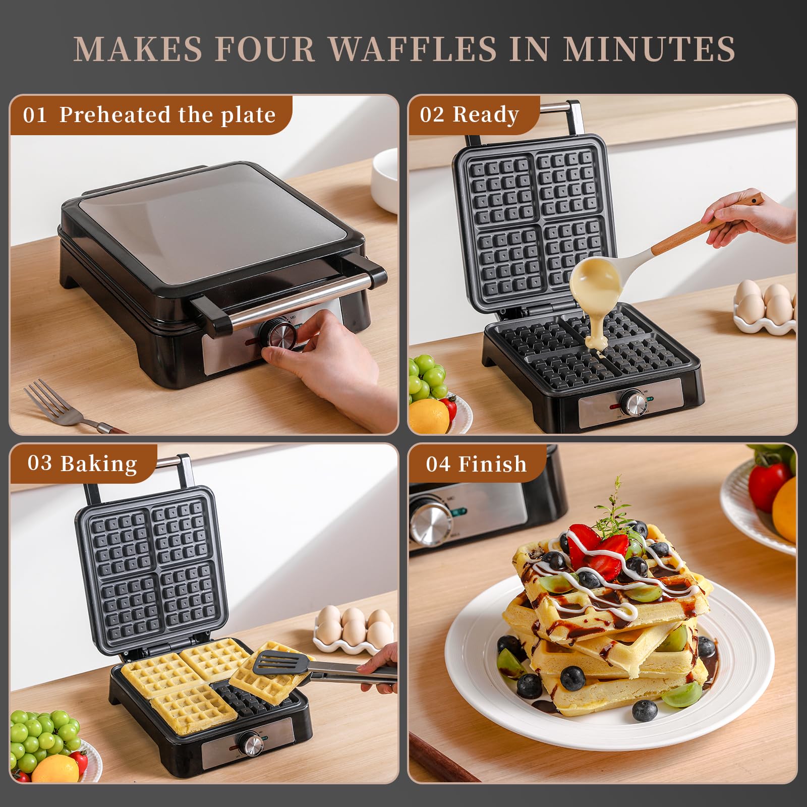 **4-Square Belgian Waffle Maker with Non-Stick Plates – 1600W Fast Heating, 3 Browning Levels – Perfect for Breakfast, Brunch & Desserts – Quick & Easy Homemade Waffles**