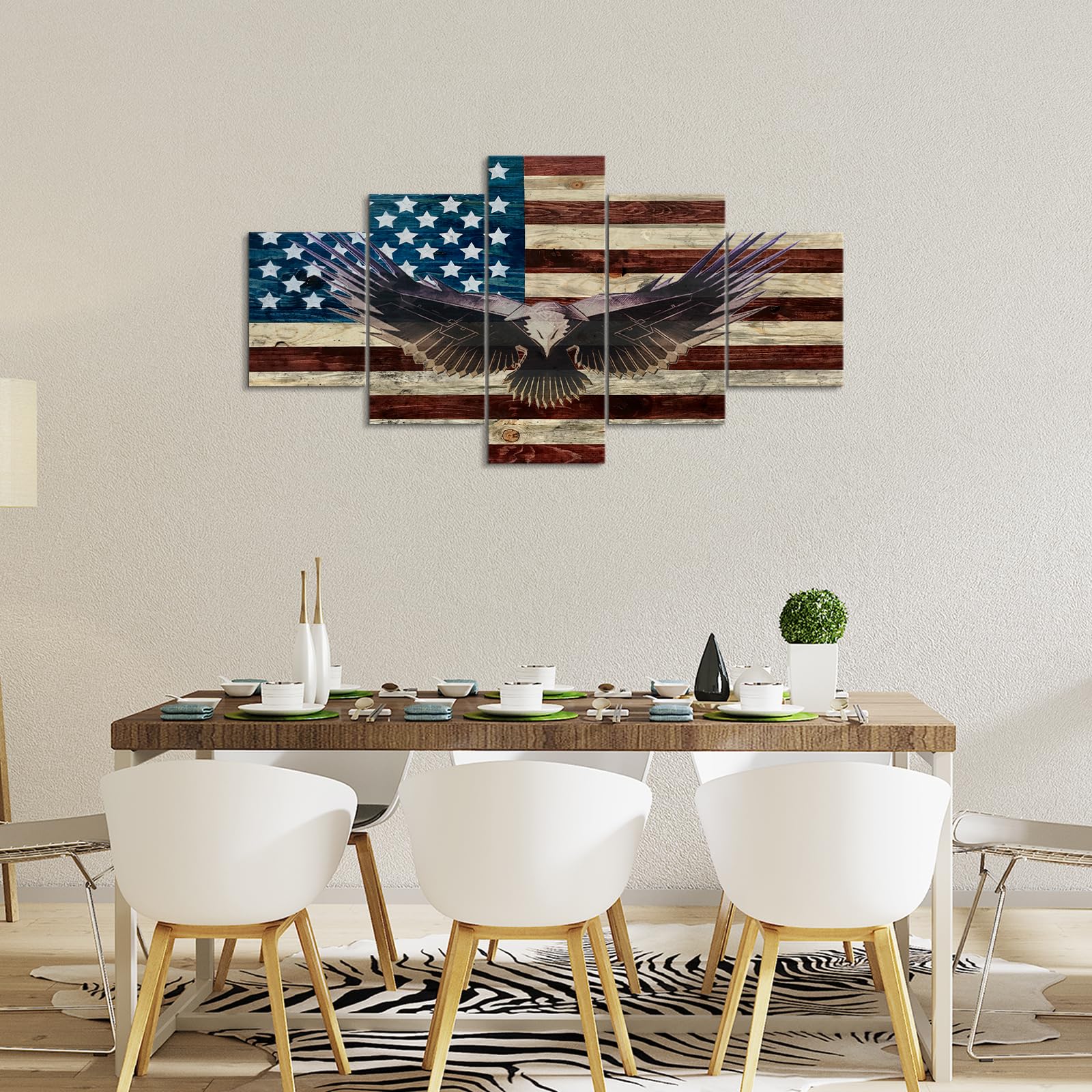 5 Piece American Flag Canvas Wall Art - Patriotic Wooden Flag Decor for Home & Office - Military Army Themed Bald Eagle Poster (70''W x 40''H) - Perfect for Living Room, Bedroom, or Office Wall Decor