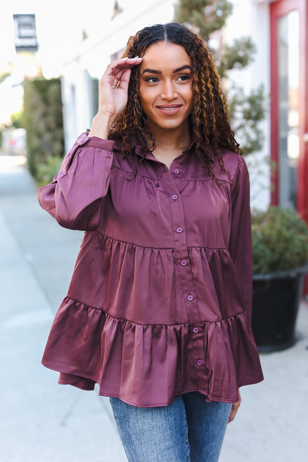 Burgundy Satin Babydoll Top with Button Down & Tiered Design - Perfect for Date Nights, Parties & Casual Outfits