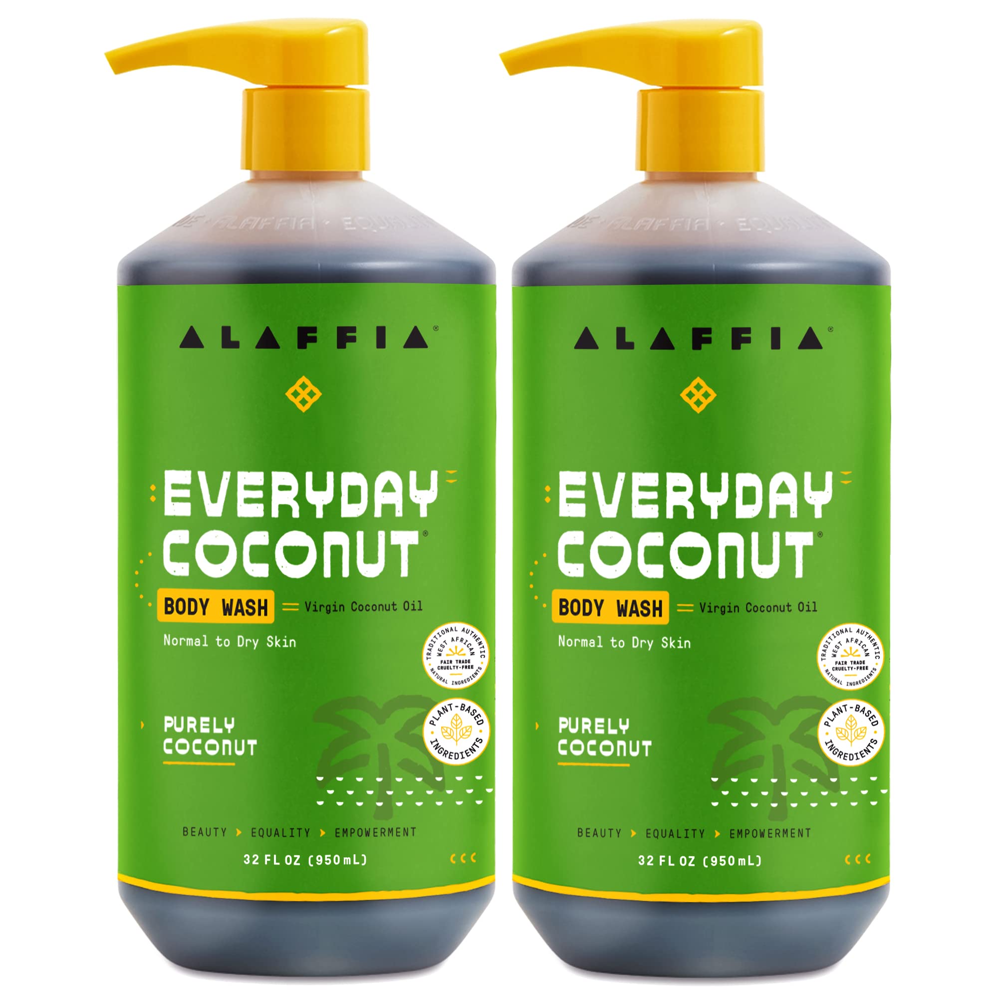 Alaffia Sensitive Skin Body Wash Pack - Natural Coconut Body Wash for Men & Women with Plant-Based Ingredients, Coconut Oil, Coffee & Vitamin E (2 Pack, 32 Fl Oz Each) - Gentle Daily Cleanser for Dry & Sensitive Skin, Perfect for Shower & Bath Routine