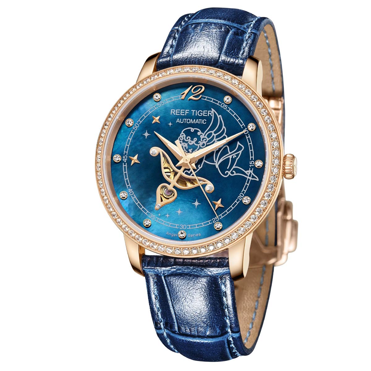 REEF TIGER Luxury Rose Gold Automatic Watch for Women - Genuine Leather Strap, Water Resistant, Elegant Dress Watch (Model RGA1550) | Perfect for Business, Party & Special Occasions