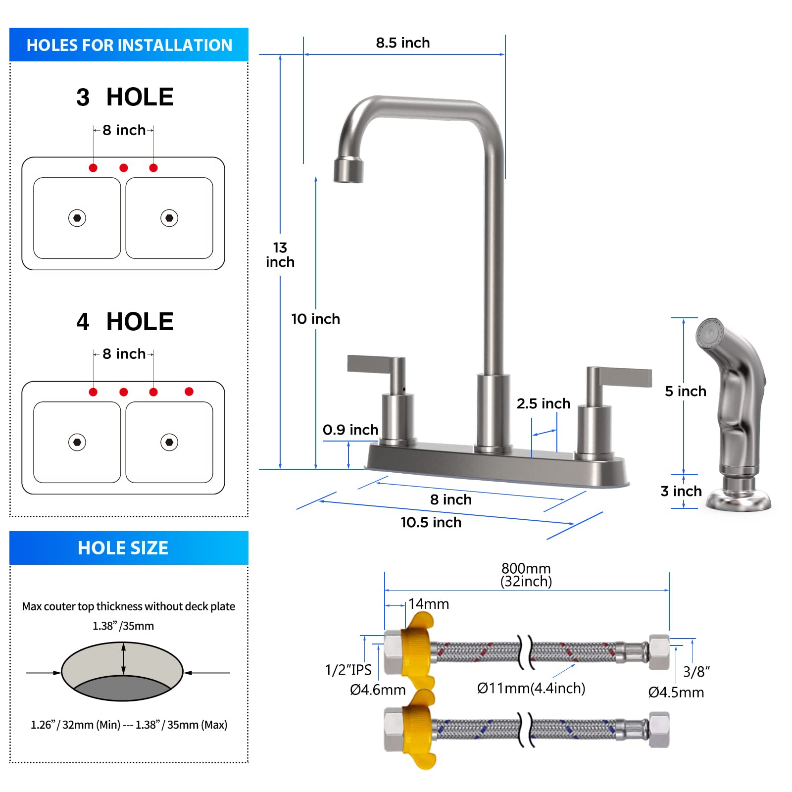 Brushed Nickel Kitchen Faucet with Pull Down Sprayer - 2 Handle Stainless Steel Sink Faucet for 3 or 4 Hole Installation - Perfect for Modern Kitchens, Dishwashing & Food Prep