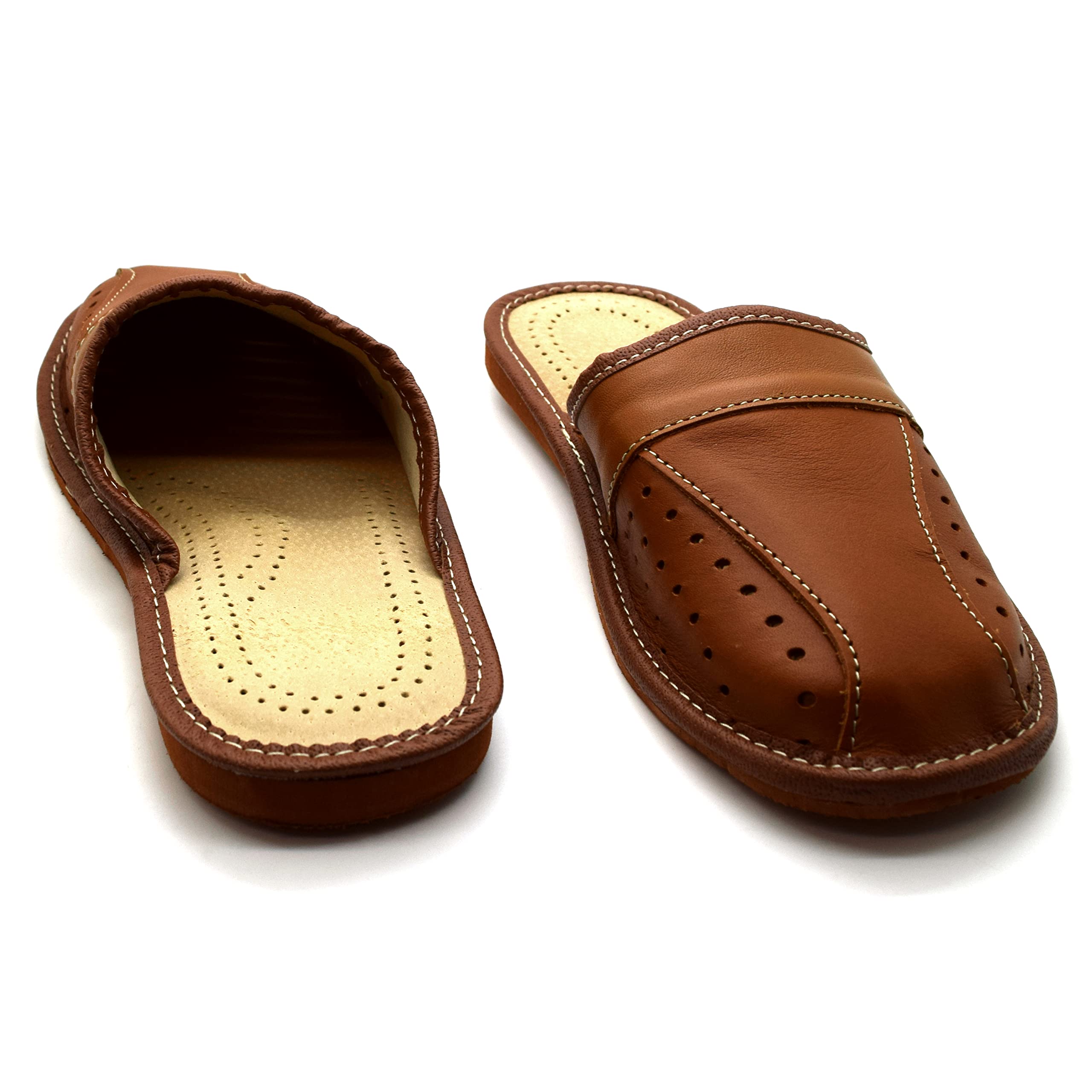 SolaDirect Men's Natural Leather Slippers - Comfortable Closed Toe Slip-On Mules for Indoor & Outdoor Use - Perfect House Shoes, Lounge Sandals for Relaxing at Home or Quick Errands