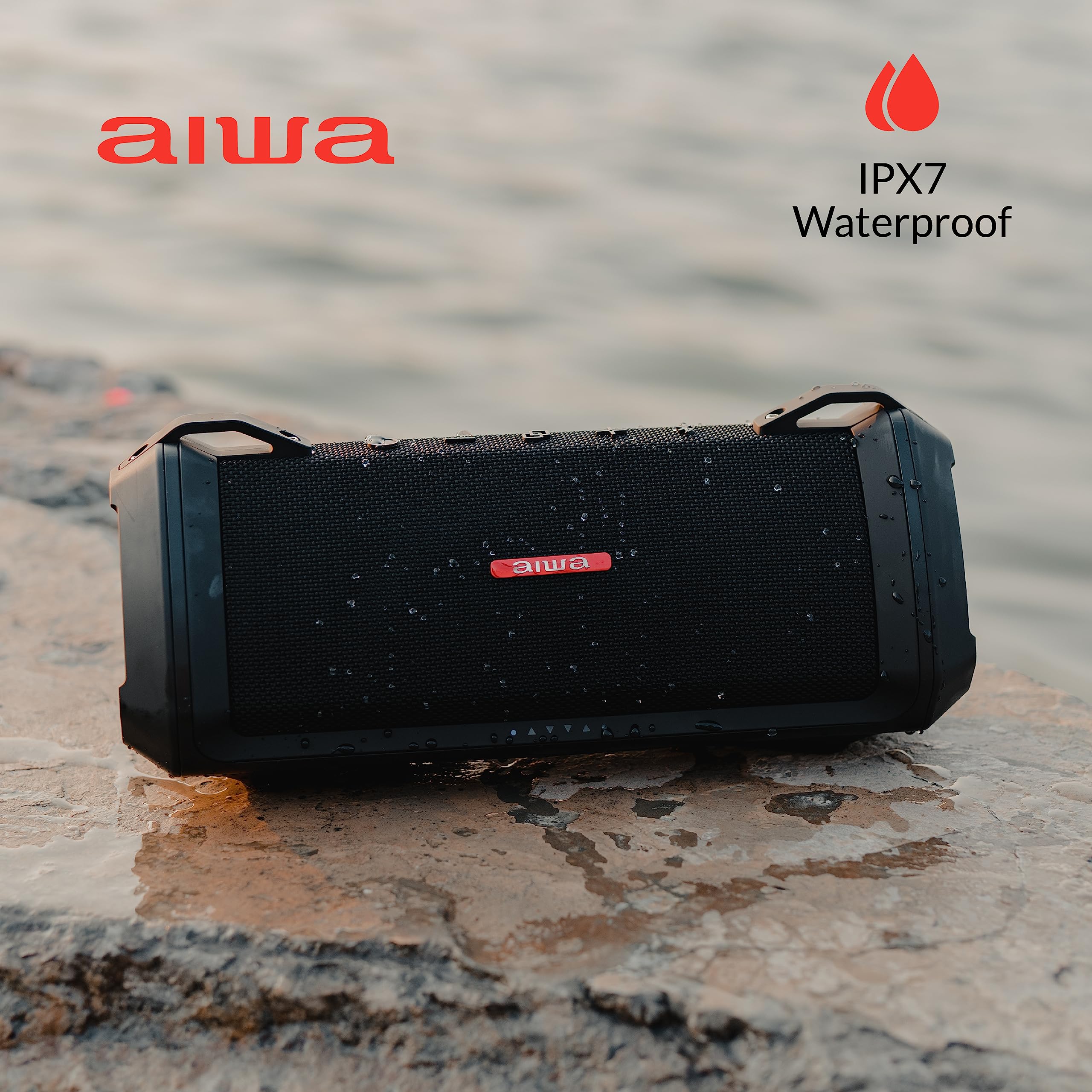 Aiwa Exos-3 Waterproof Bluetooth Speaker - 60W Peak Power, 20H Playtime, Stereo Sound with USB-C Fast Charging | IPX7 Waterproof & Wireless Pairing | Perfect for Pool Parties, Beach Outings, Camping & Outdoor Adventures
