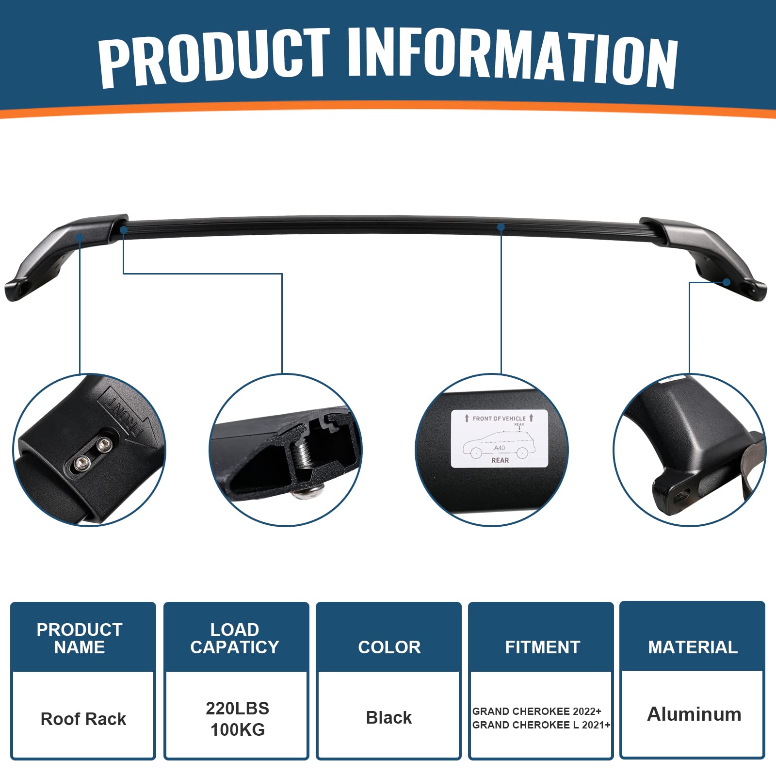 Heavy Duty Aluminum Roof Rack Cross Bars for Jeep Grand Cherokee L 2021-2025 & Grand Cherokee WL 2022-2025 - 220lb Capacity - Perfect for Luggage, Canoe, and Outdoor Adventure Gear
