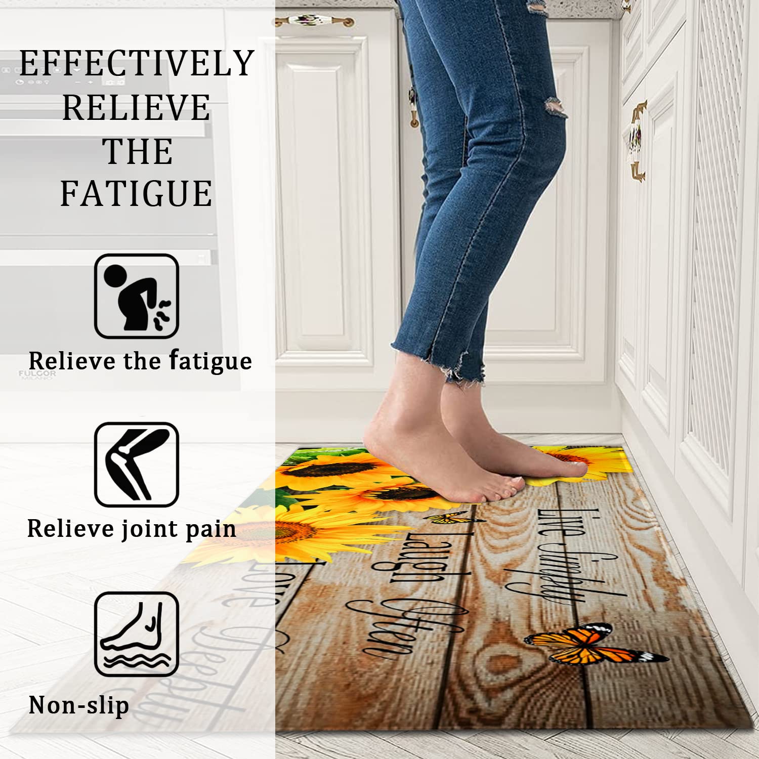 2-Pack Sunflower Kitchen Rugs - Non-Slip Washable Anti-Fatigue Mats with Wooden Background - Farmhouse Decor for Standing Comfort (17x30 + 17x47 Inches) - Perfect for Kitchens, Entryways, and Laundry Rooms