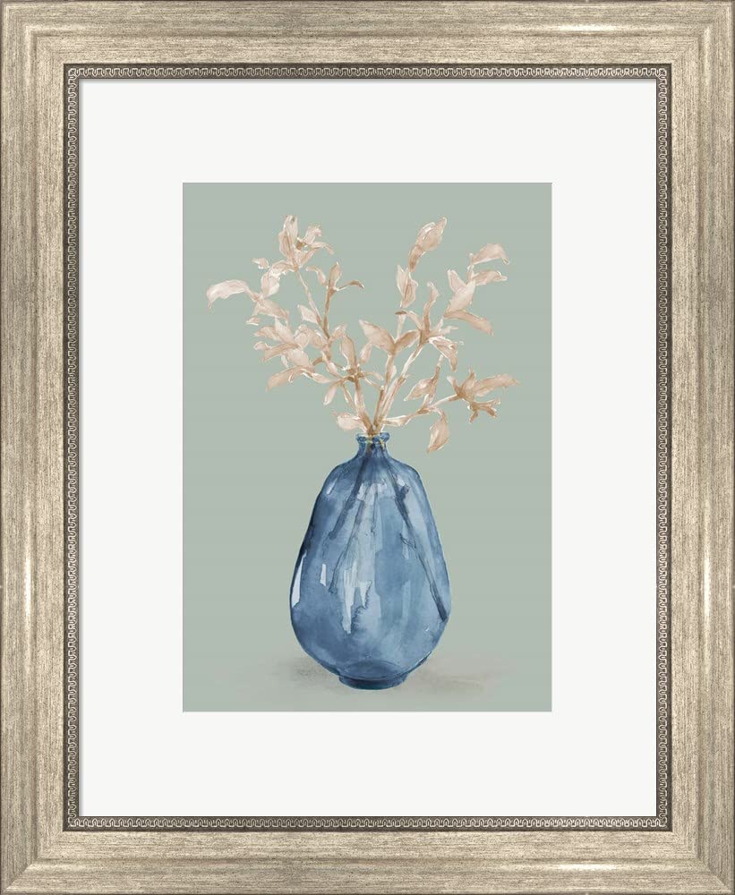 Lanie Loreth Blue Cotton Stems in Vase Framed Art Print - Silver Scoop Frame, 16x20 Inches, Perfect for Living Room, Bedroom & Office Wall Decor