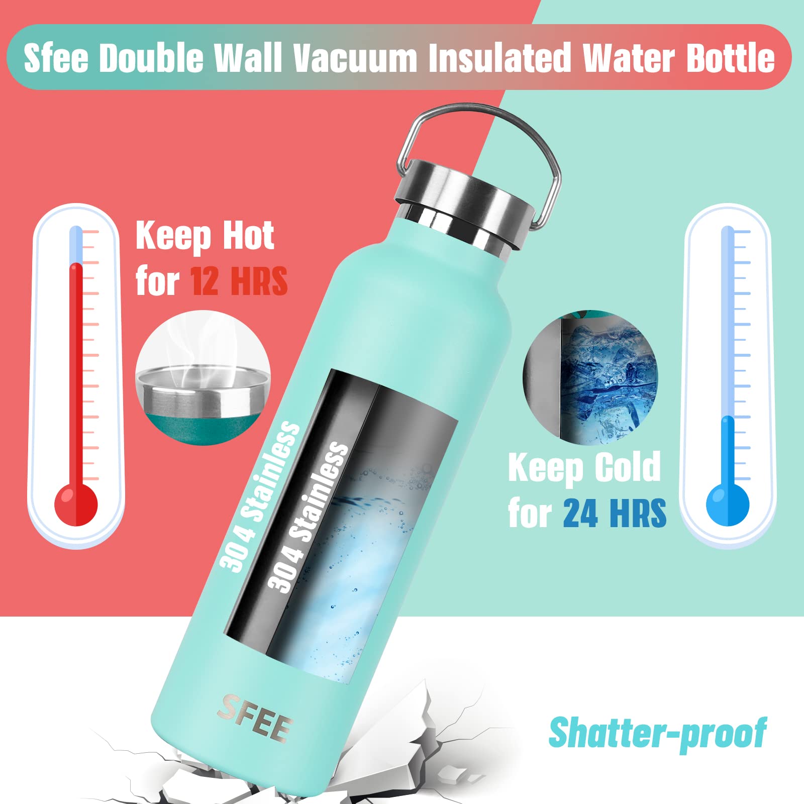 Sfee 25 oz Stainless Steel Insulated Water Bottle with Straw Lid - Double Wall Vacuum Thermos for Kids, Leakproof Sports Bottle for Gym, Hiking, Camping & Travel - Includes Cleaning Brush (Mint Green)