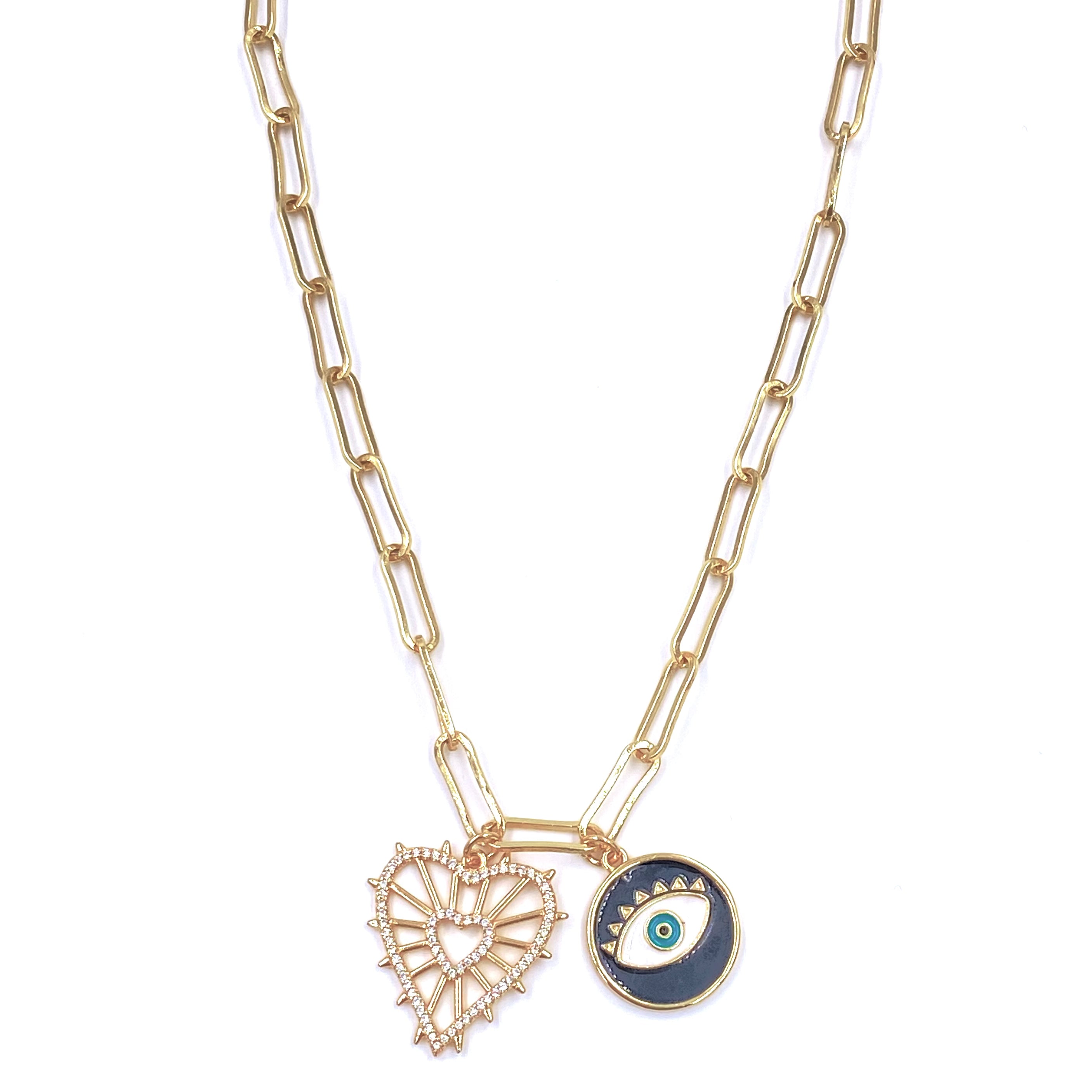 Ashley Gold Stainless Steel Gold Plated CZ Heart & Evil Eye Double Charm Necklace for Women - Perfect for Valentine's Day Gifts, Birthday Presents & Everyday Jewelry
