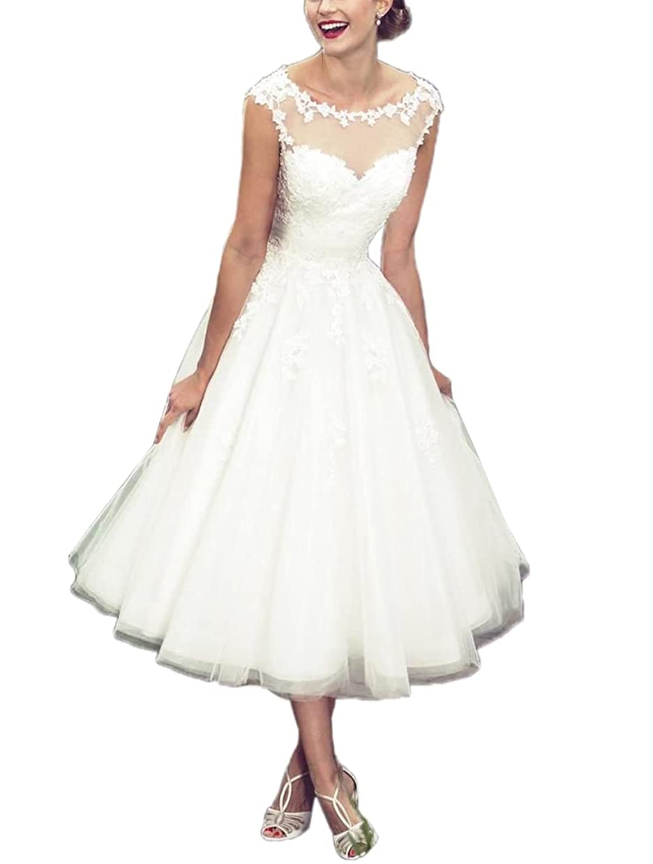 Elegant POMUYOO Women's V-Neck Tea-Length Wedding Dress with Long Sleeves & Lace Details - Perfect for Brides, Beach Weddings, and Romantic Ceremonies
