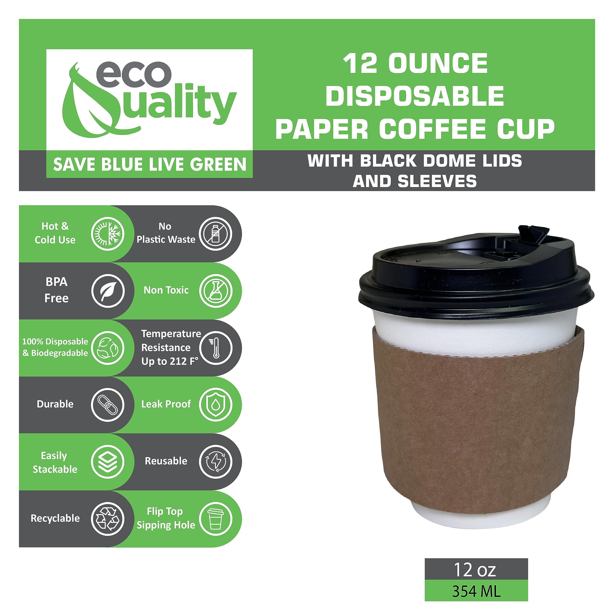EcoQuality 12 oz Disposable White Paper Coffee Cups with Black Dome Lids & Corrugated Sleeves - 250 Pack for Hot Beverages, Perfect for Home, Office, Coffee Shops, Travel, and Tea Parties - Ideal for Commuting, Camping, and Office Meetings