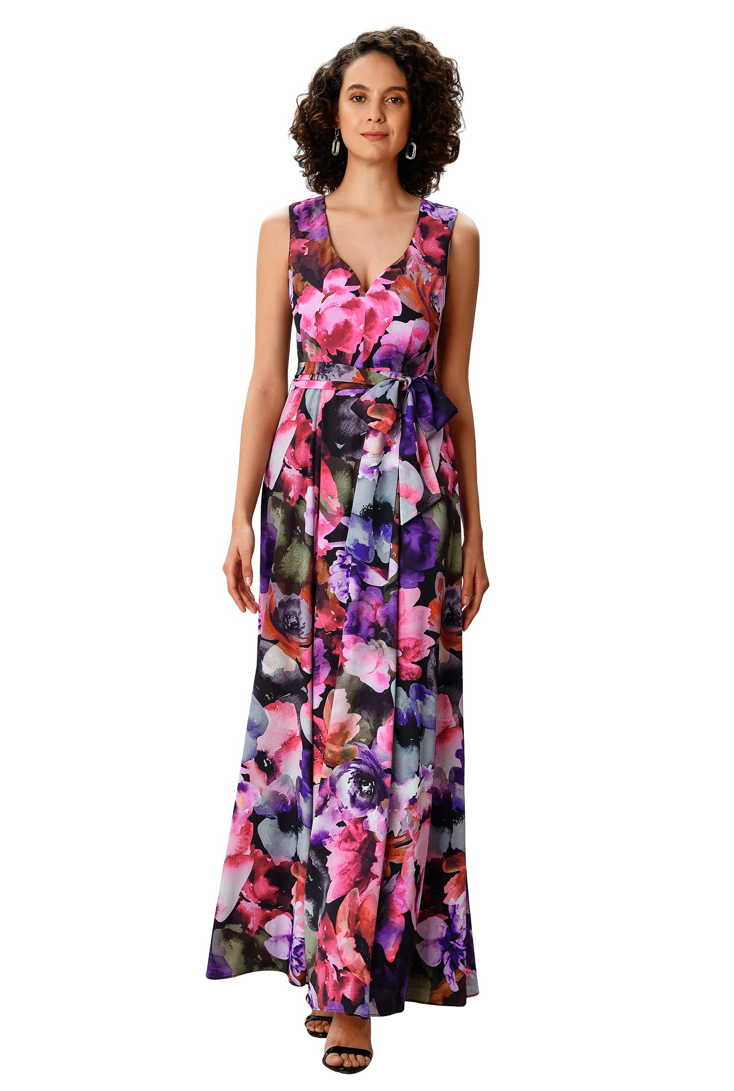 eShakti Women's Watercolor Floral Print Crepe Sash-Tie Dress - Elegant Summer Wedding Guest Outfit & Garden Party Cocktail Attire