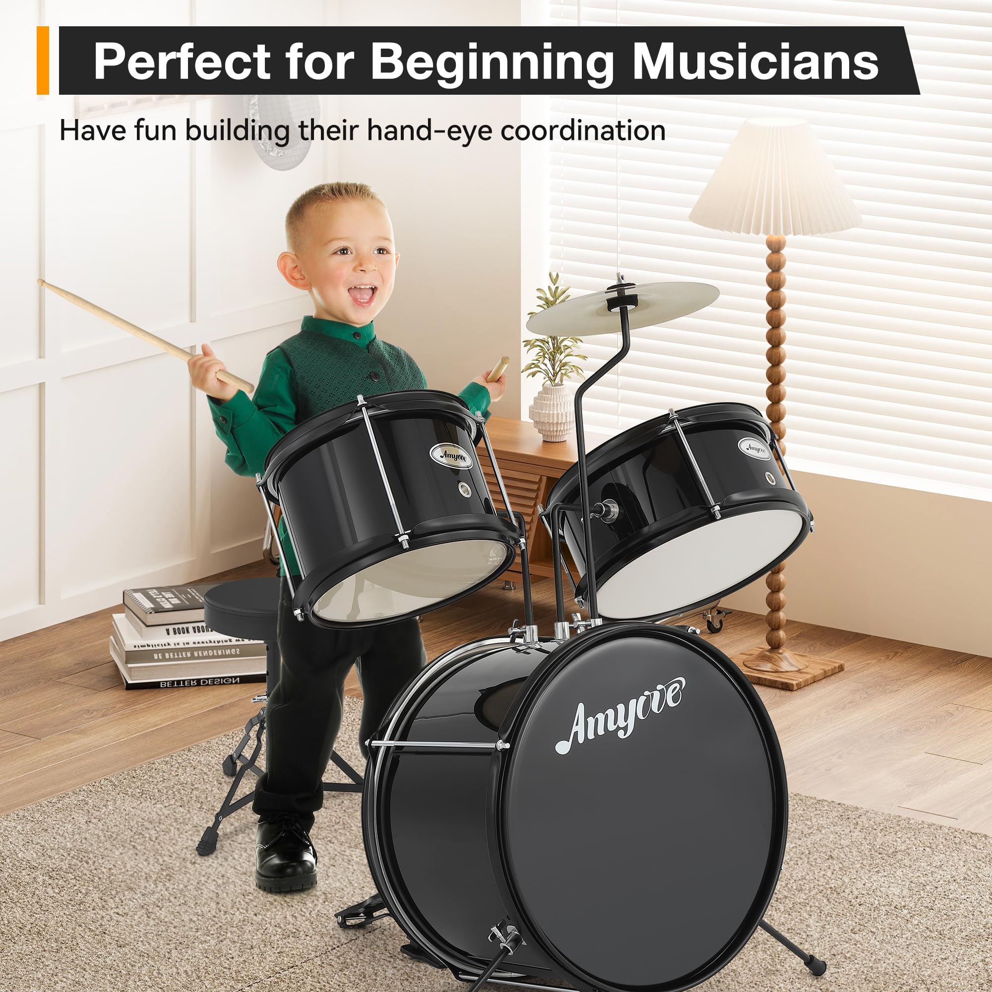 **Senfot AD-100 Beginner Drum Set – 3-Piece Wood/Metal Drum Kit with Bass Drum, 2 Toms, Cymbal, Sticks, Pedal & Stool – Perfect for Kids, Teens & Adults – Ideal for Birthday Gifts, Music Practice & Home Performances**