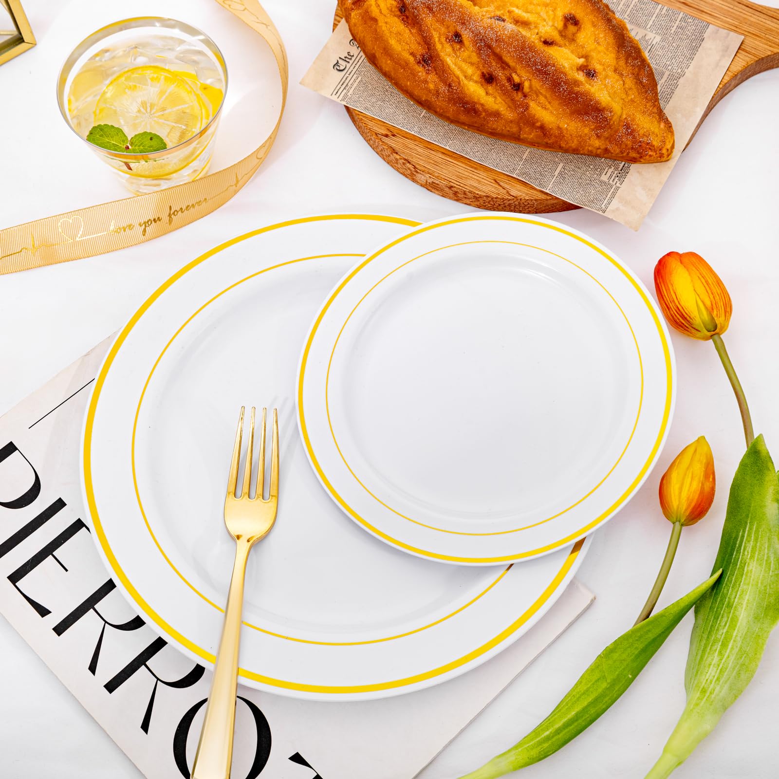 350-Piece Gold Disposable Dinnerware Set for 50 Guests - 100 Plastic Plates, 50 Paper Napkins, 50 Cups & 50 Silverware - Elegant Party & Wedding Tableware for Banquets, Bridal Showers, Anniversary Celebrations and Special Events
