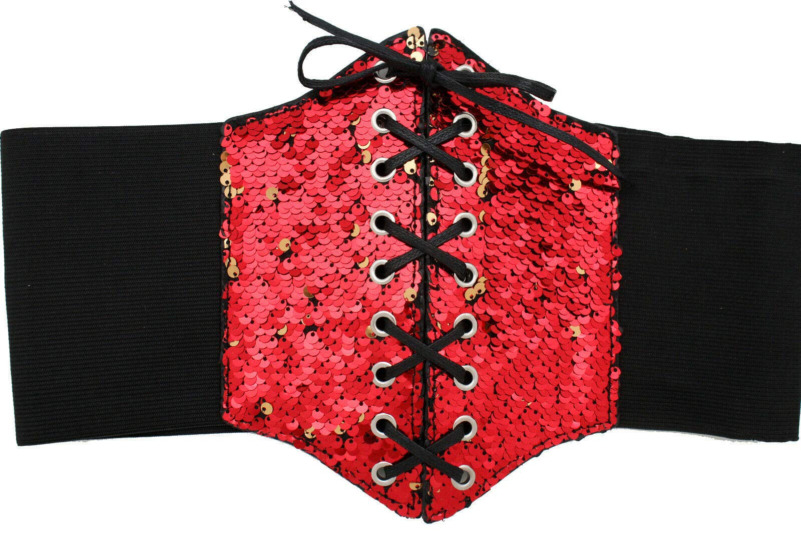 Women's Wide Elastic Corset Belt with Bling - High Waist Red & Gold Sequins - Size S/M - Perfect for Waist Training, Costume Parties & Burlesque Outfits