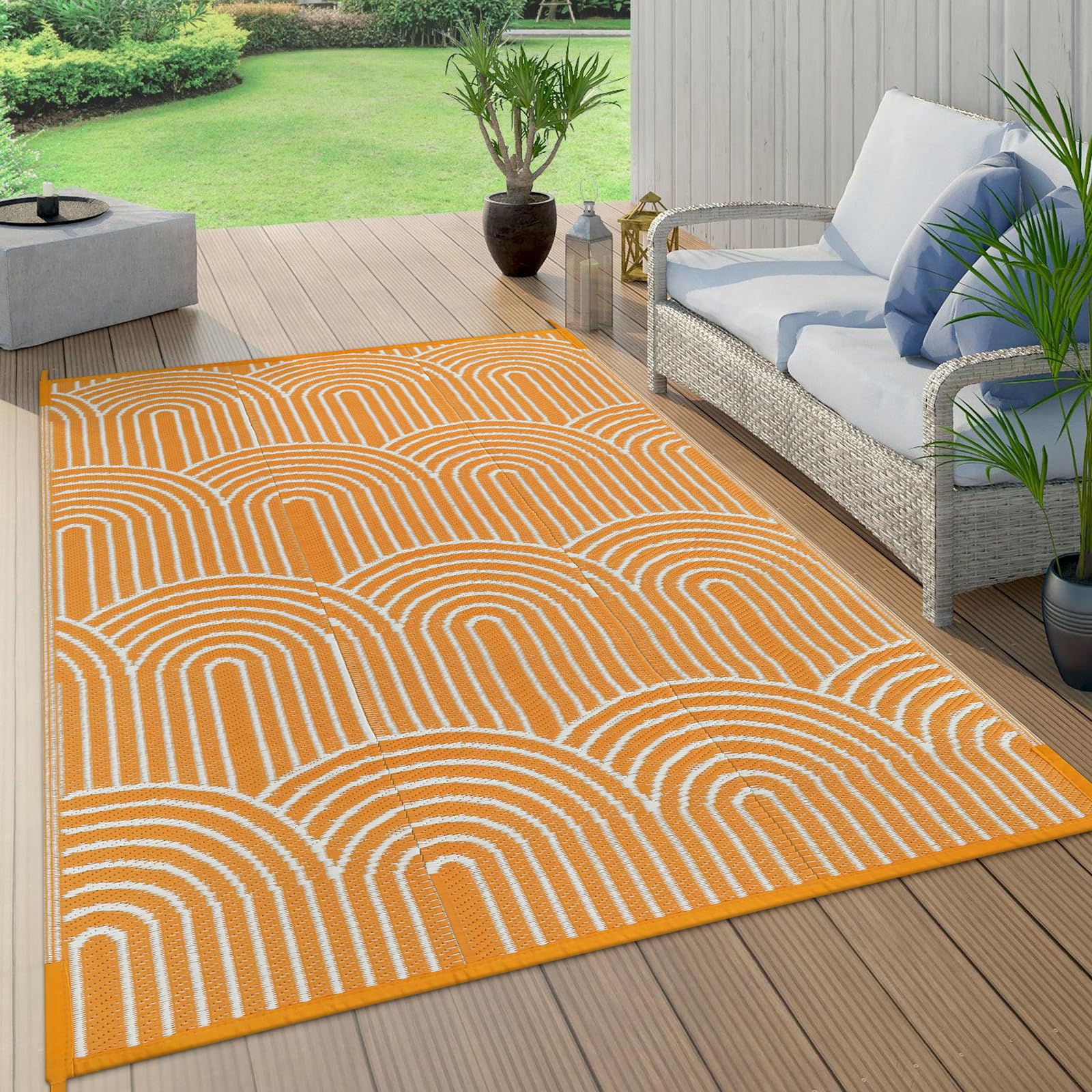 Lahome 5x8 Waterproof Reversible Outdoor Rugs for Patio, RV Camping, Tent, Backyard, Balcony & Deck - Durable Plastic Indoor/Outdoor Carpet in Rainbow Orange - Perfect for Picnics, Beach Trips & Outdoor Gatherings