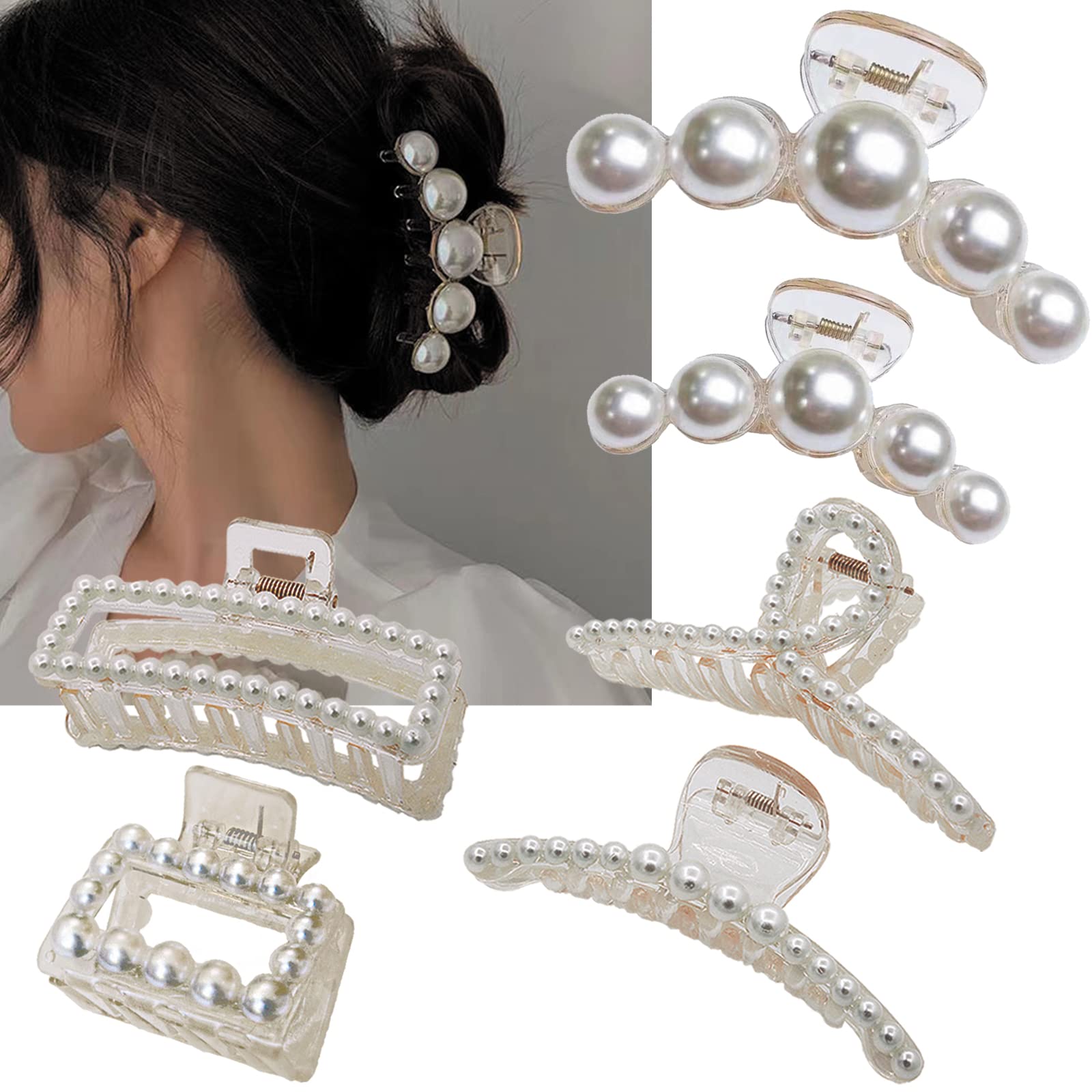 6 Pcs Large Pearl Claw Clips for Thick Hair - Non-Slip Jaw Clips for Wedding, Prom & Special Occasions - Elegant Hair Accessories for Women & Girls (White) - Perfect for Updos, Half-Up Styles & Everyday Wear