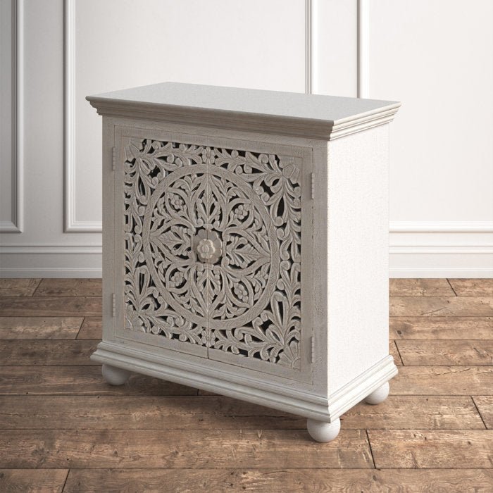 Hand Carved Solid Wood Two Door Accent Cabinet - White Distressed Finish | Rustic Farmhouse Storage Cabinet for Living Room, Bedroom & Entryway