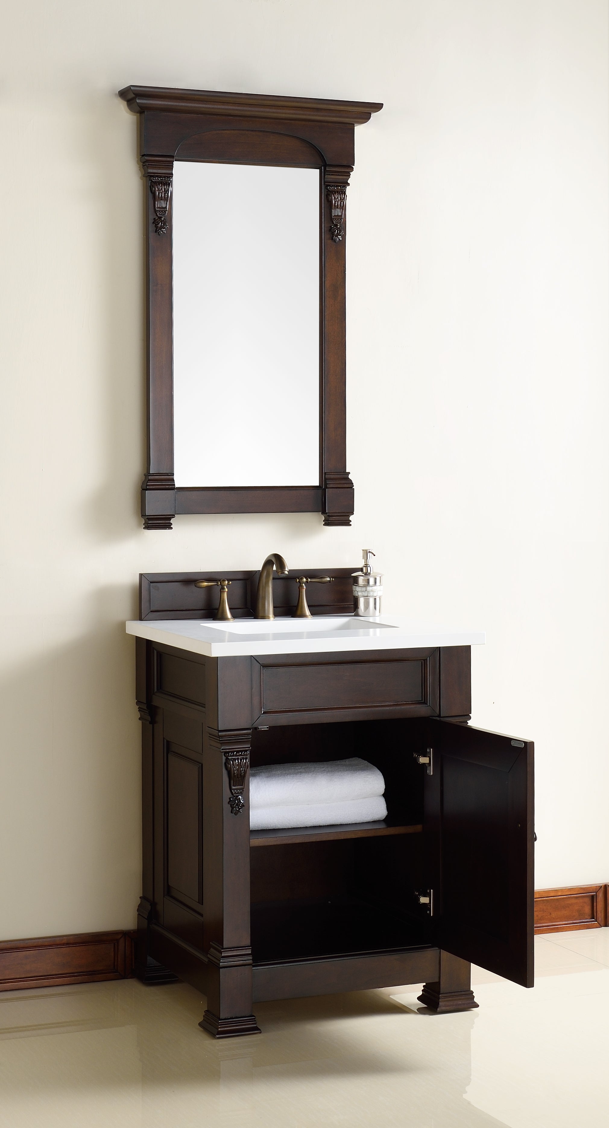 Brookfield 26 Inch Single Bathroom Vanity with Burnished Mahogany Cabinet & 3CM White Zeus Quartz Countertop - Perfect for Small Bathrooms, Powder Rooms & Guest Baths