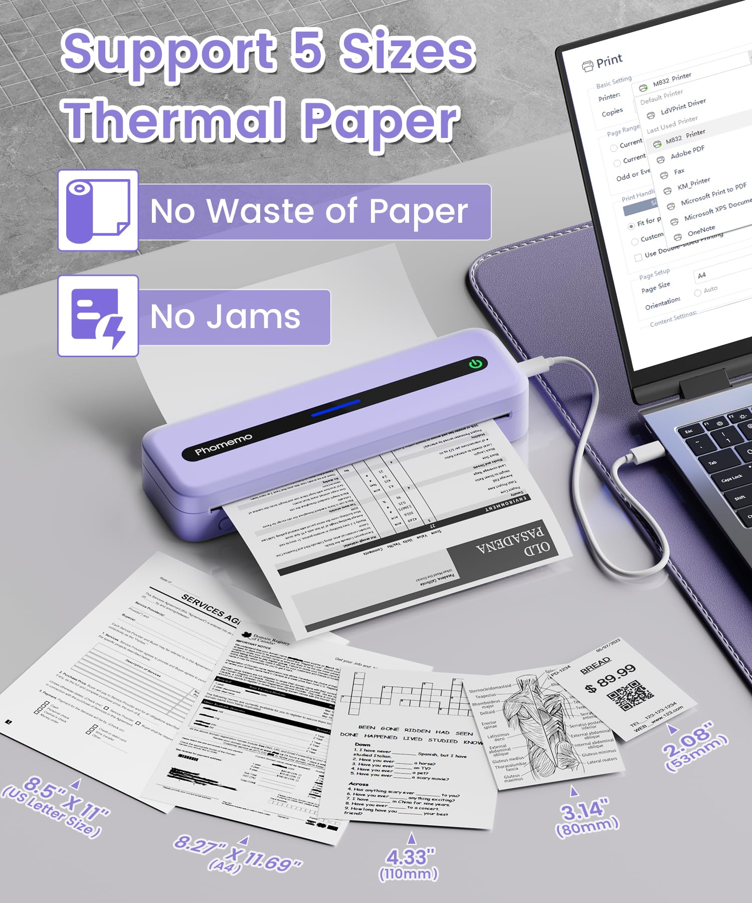 Phomemo M832 Bluetooth Thermal Portable Printer - Wireless Inkless Printer for Travel, Home, Office & School - Compatible with Smartphone & Laptop - Includes Carrying Case - Perfect for Printing Photos, Labels & Documents On-The-Go
