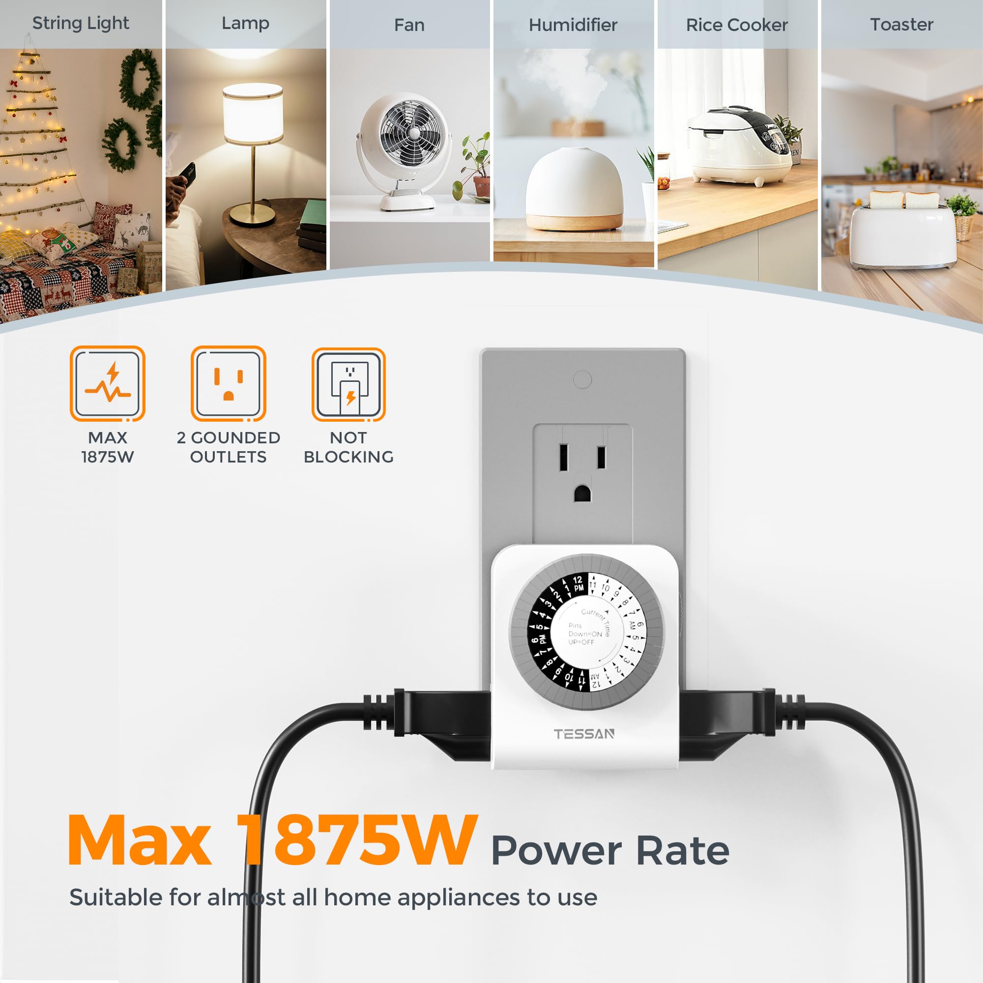 TESSAN 24-Hour Mechanical Outlet Timer with Dual 3-Prong Sockets - 30-Minute Intervals for Lamps, Christmas Lights & Fans - Indoor Electrical Plug Timer (2 Pack) - Perfect for Home, Office & Holiday Decorations