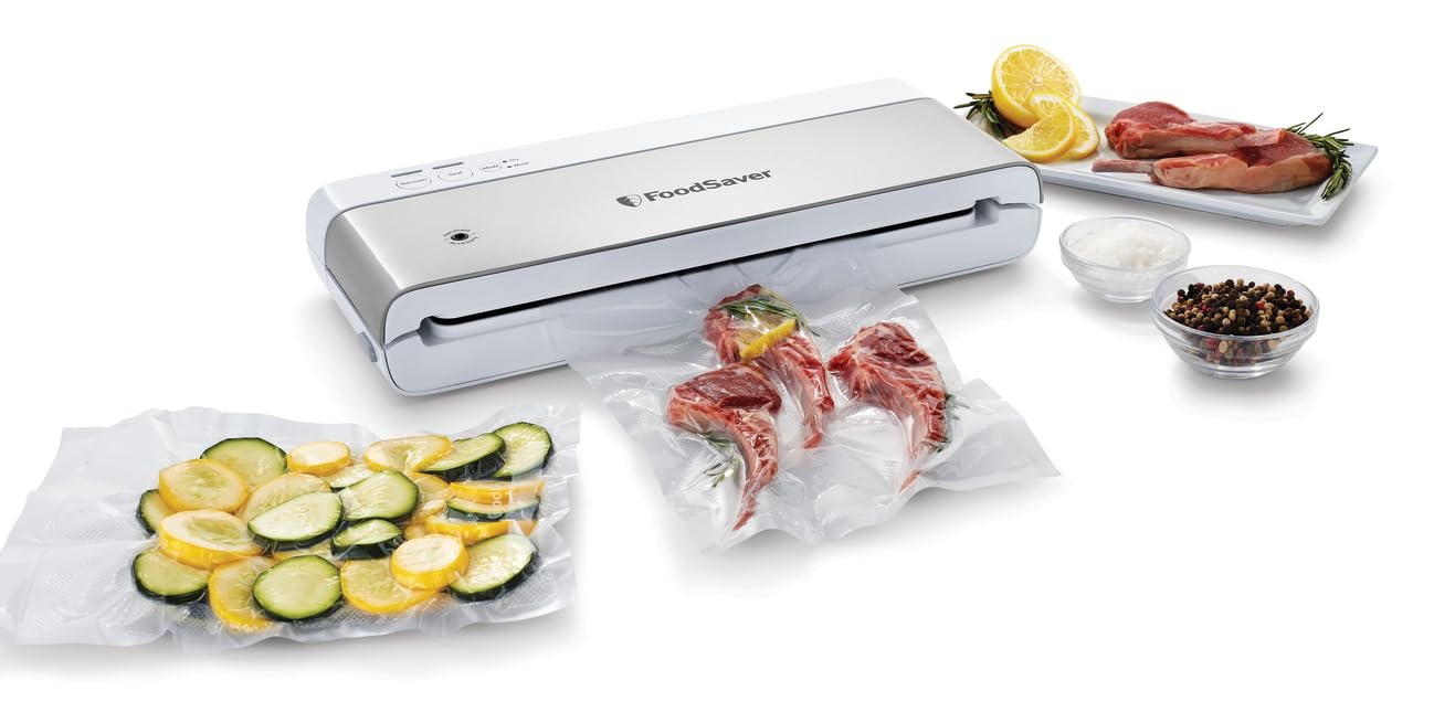 FoodSaver Compact Vacuum Sealer Machine with Airtight Bags & Roll - White | Perfect for Sous Vide Cooking, Meal Prep & Long-Term Food Storage | Preserve Freshness for Fruits, Meats & Leftovers | Kitchen & Camping Essential