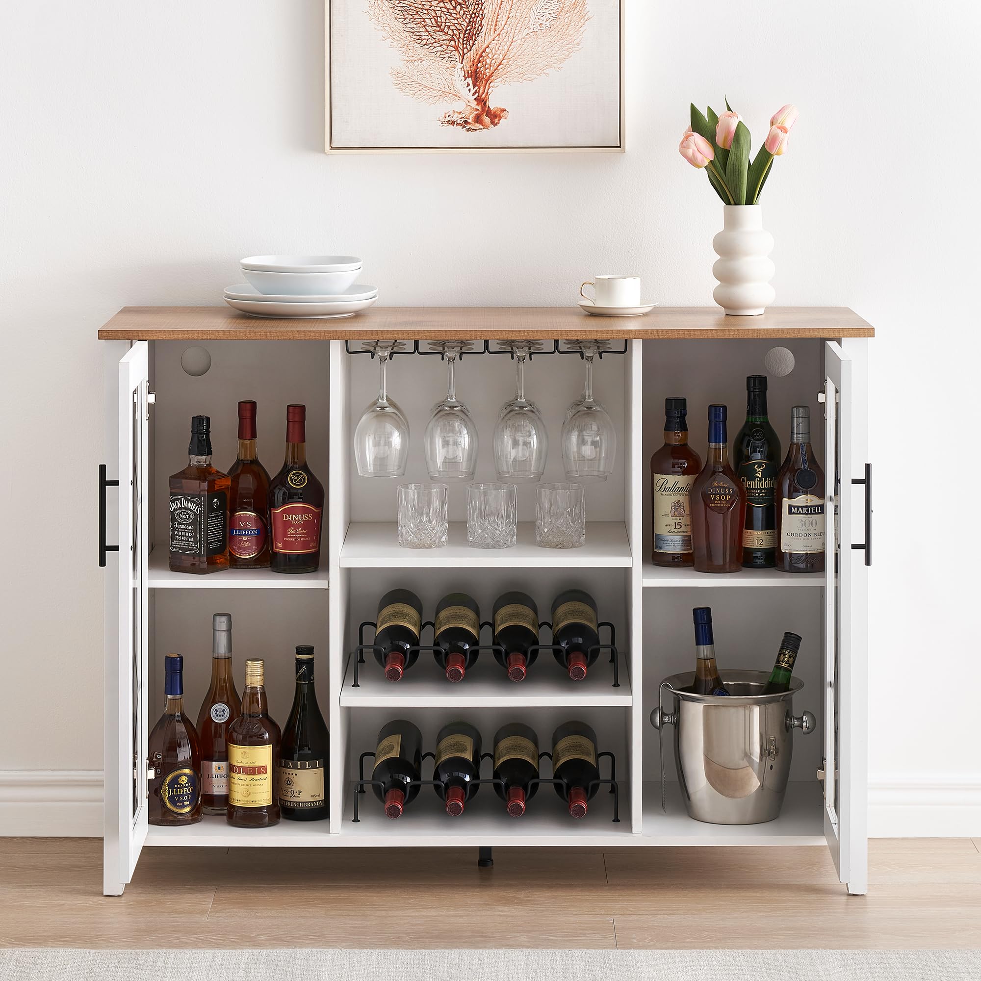 IDEALHOUSE Antique White Wine Bar Cabinet with LED Lights - Home Coffee Station with Wine Glass Rack, Kitchen Buffet Sideboard Storage Cabinet - Perfect for Bar, Dining Room & Kitchen Decor | Modern Home Entertaining & Storage Solution