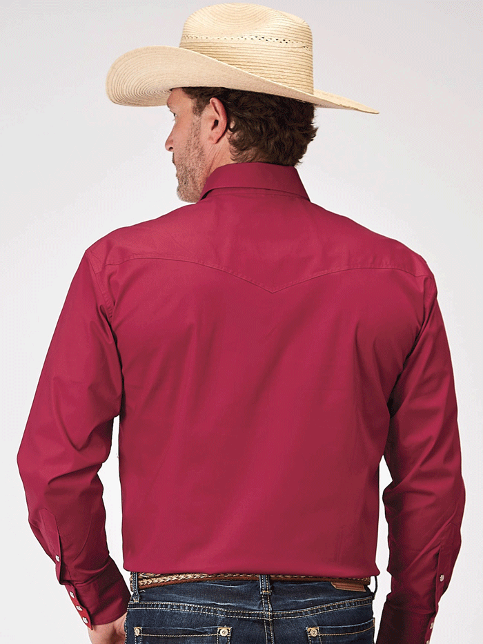 Roper Men's Long Sleeve Snap Button Poplin Shirt - Solid Red Casual Work Shirt for Outdoor Activities and Everyday Wear