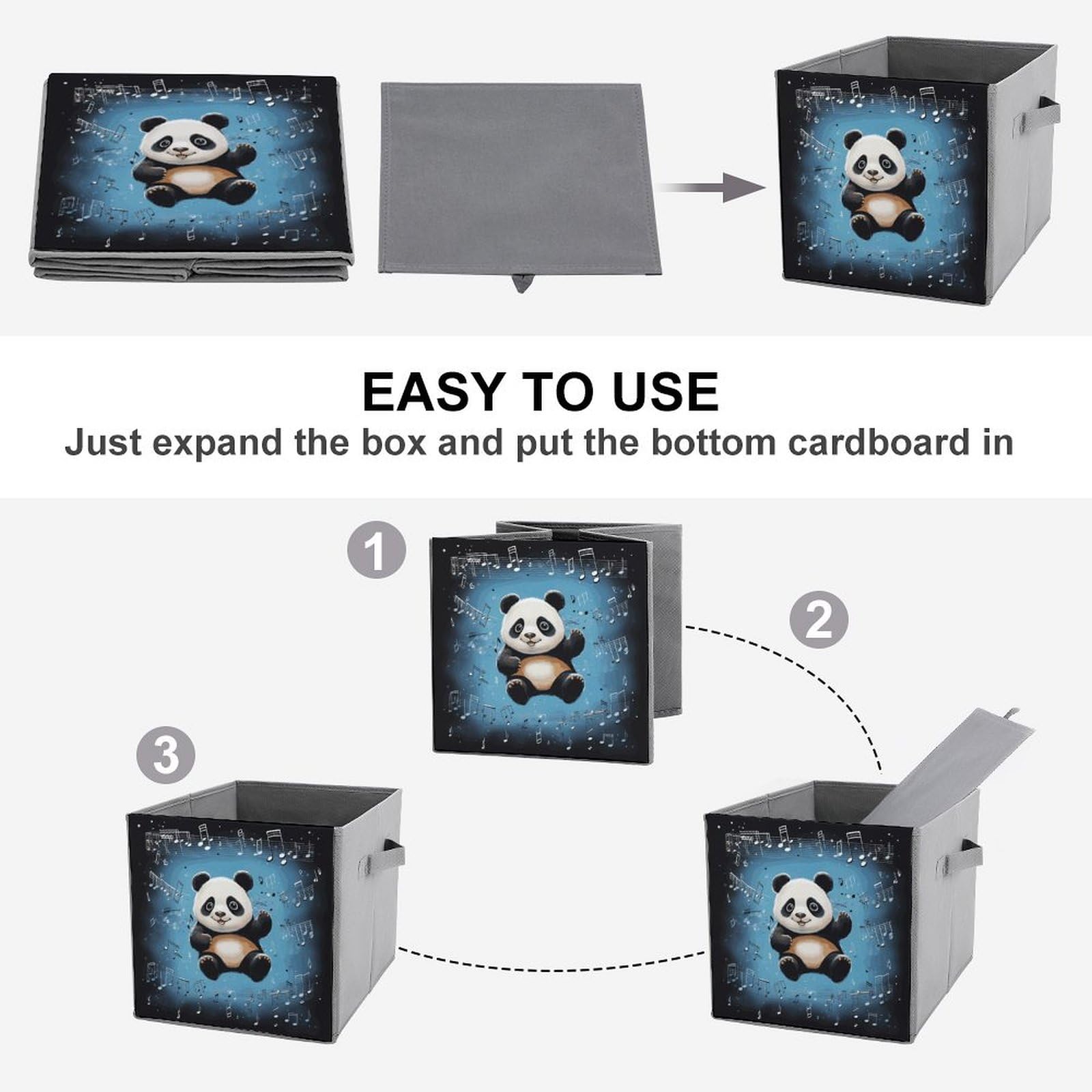 2-Pack Panda & Music Notes Printed Storage Baskets - Foldable Fabric Storage Bins for Home Organization, Closet, Nursery & Office Supplies