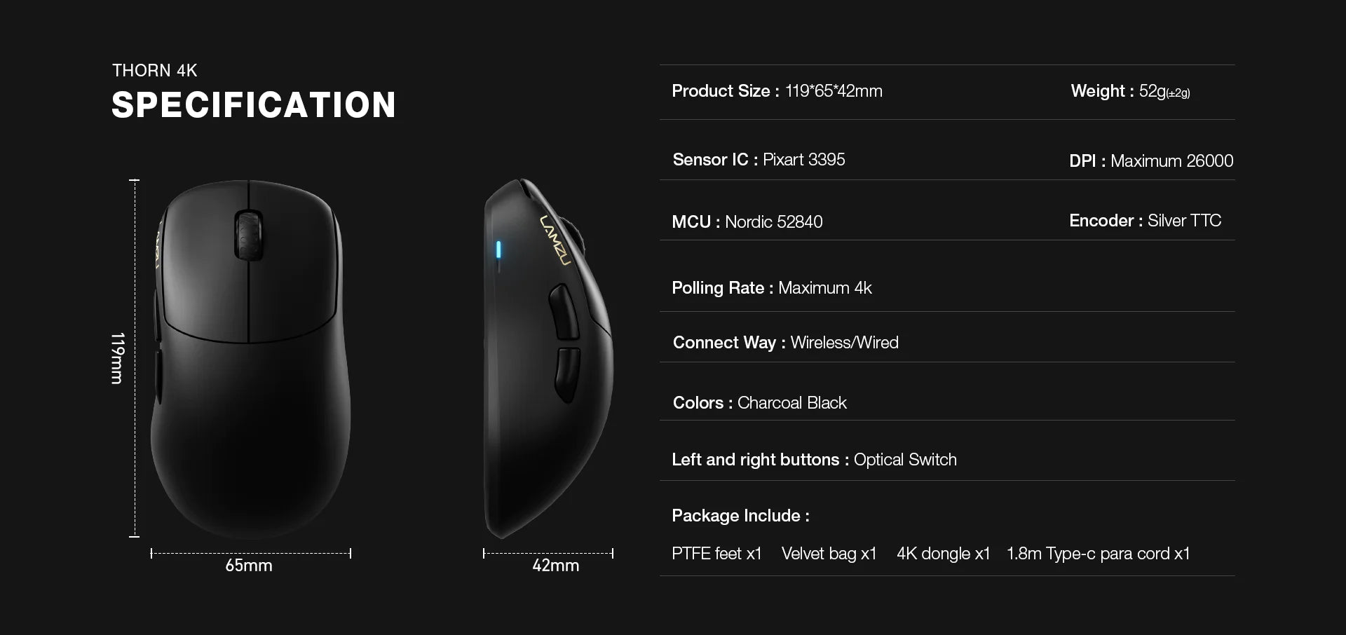 Lamzu Thorn 4K Wireless Gaming Mouse - Black (4K Dongle Included) | Ergonomic Design for FPS, MOBA & MMO Gaming | Perfect for PC & Laptop Gamers