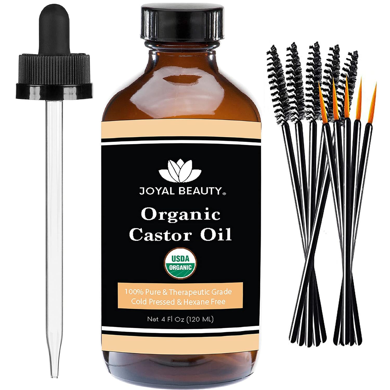 USDA Certified Organic Castor Oil - 100% Pure Cold Pressed Unrefined Hexane Free (4oz Glass Bottle) - Promotes Hair Growth, Eyelashes & Eyebrows - Natural Lash Serum for Face, Skin & Body Care - Includes Free Mascara Wand - Perfect for Nighttime Beauty Routine & DIY Hair Treatments