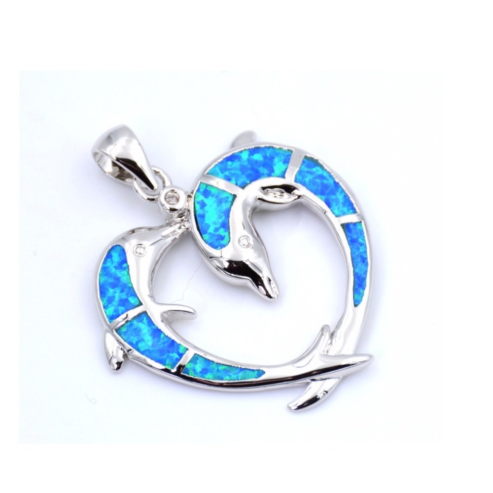 Blue Fire Opal Dolphin Necklace - Holiday Gift for Her